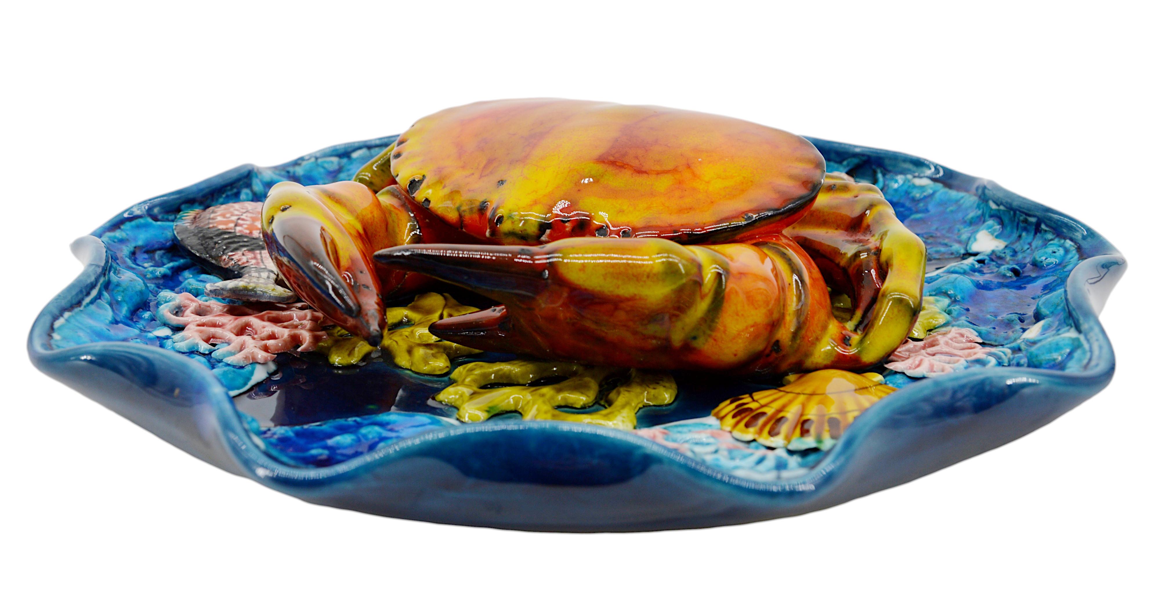 French Vallauris Majolica Palissy Crab Wall Platter, 1950 For Sale