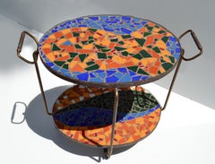 Chariot de bar d'extérieur Vallauris Mediterranean à 2 étages, carreaux d'acier ovale et laiton 1950