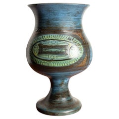 Vallauris, vaso modernista in ceramica smaltata blu e verde di Jean De Lespinasse