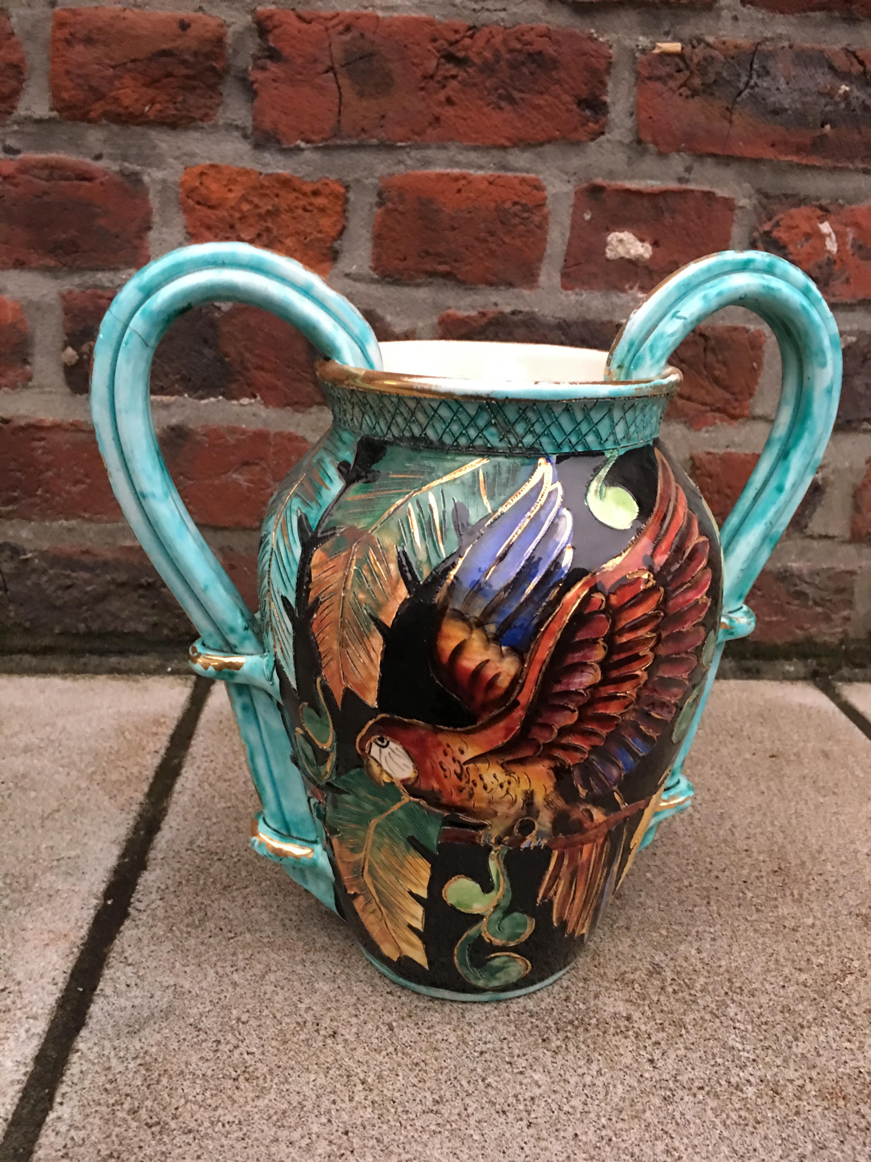 Vallauris Monaco:: Vase en céramique avec motif de perroquet:: vers 1950 3