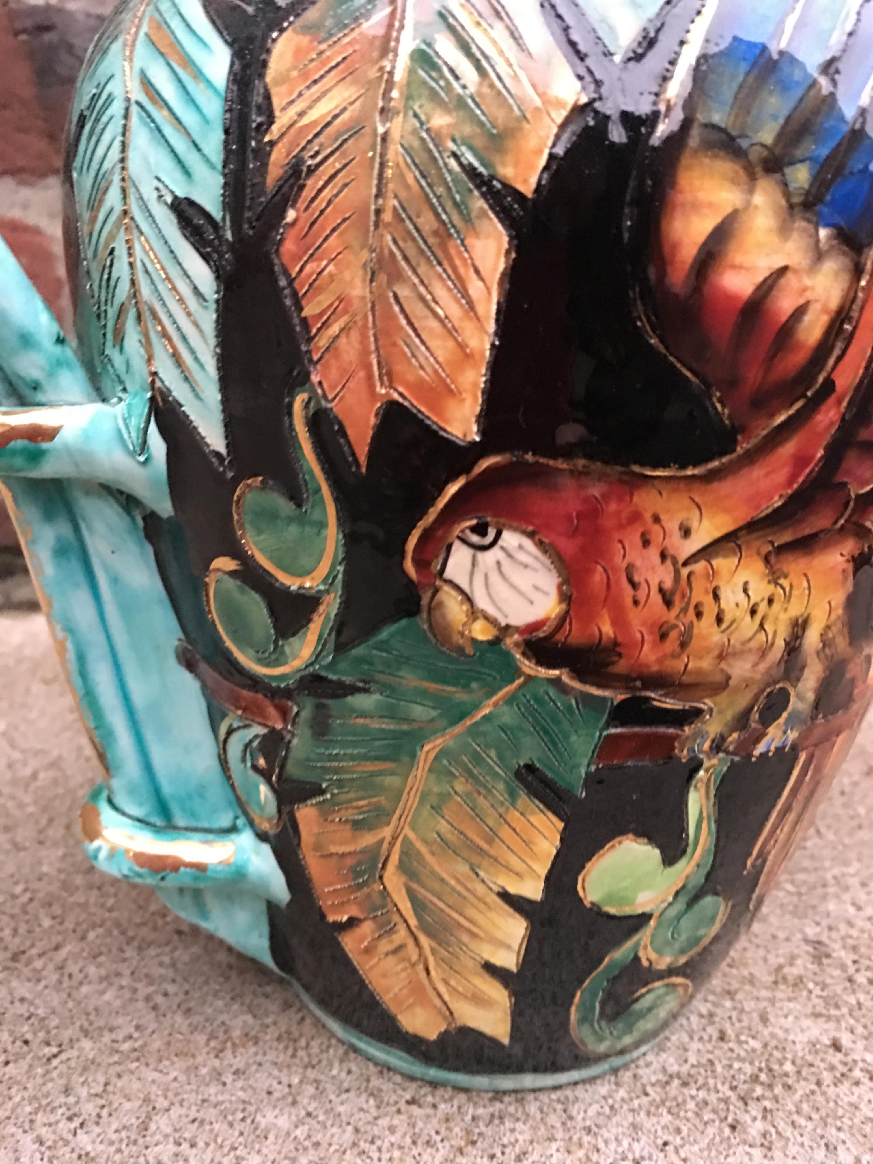 Mid-Century Modern Vallauris Monaco:: Vase en céramique avec motif de perroquet:: vers 1950