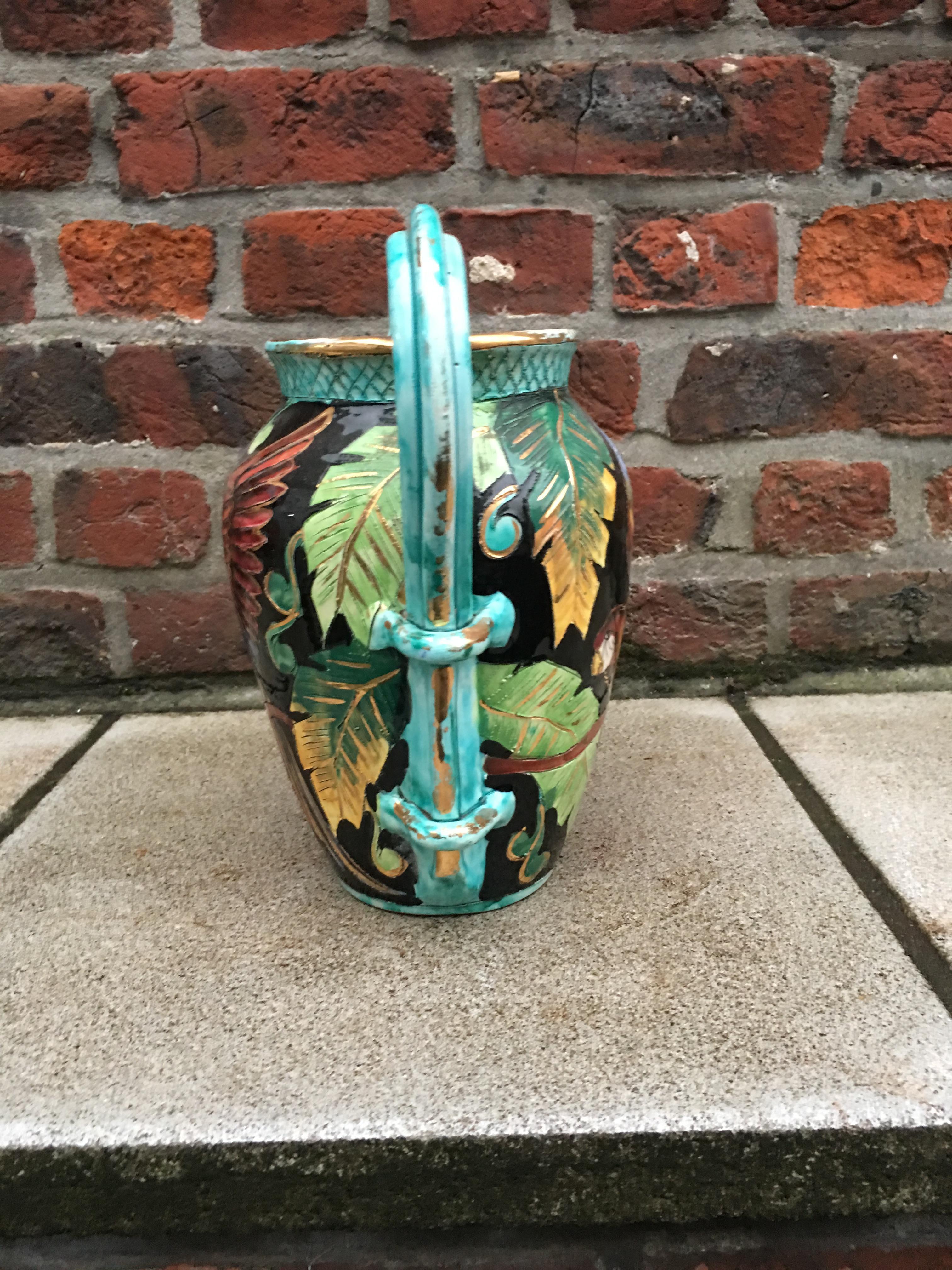 Vallauris Monaco:: Vase en céramique avec motif de perroquet:: vers 1950 1