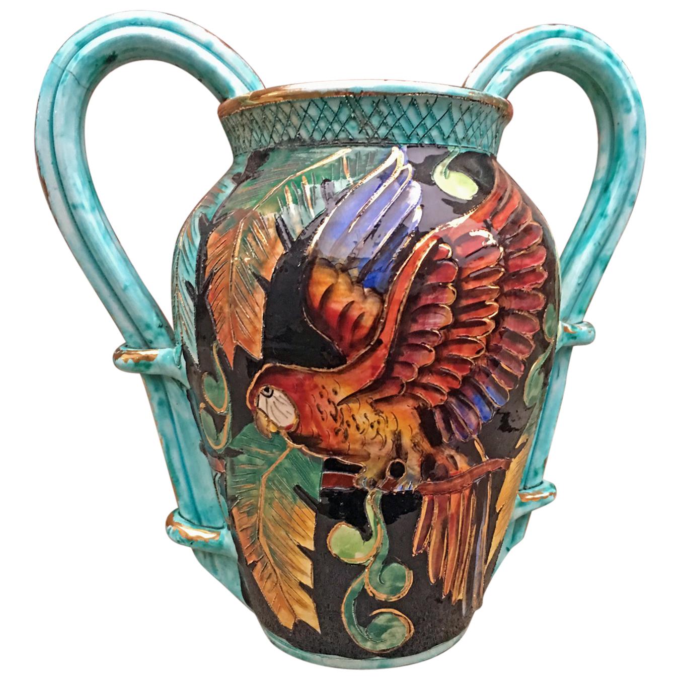 Vallauris Monaco:: Vase en céramique avec motif de perroquet:: vers 1950
