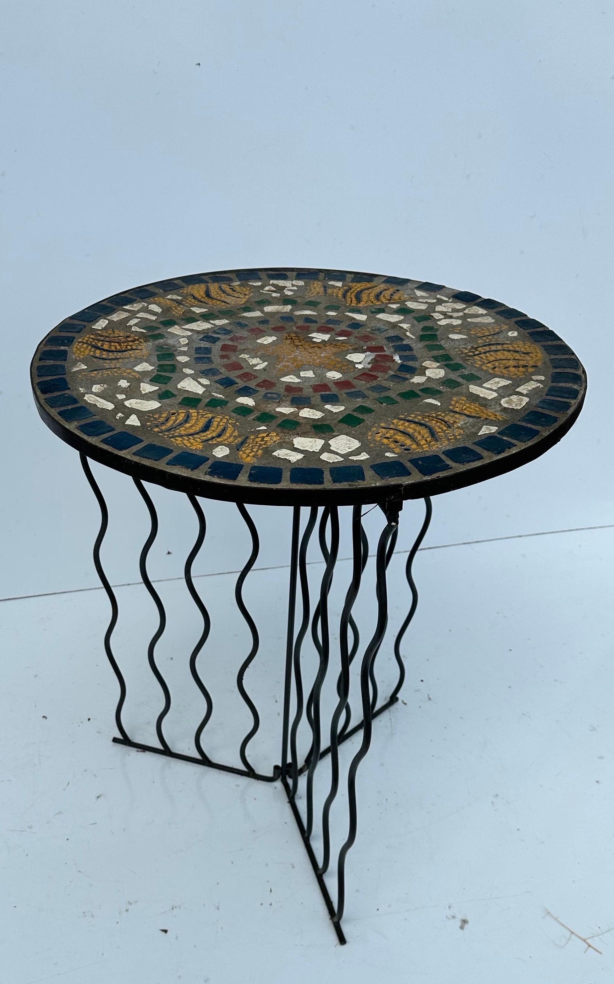 Mid-Century Modern Vallauris mosaic and wrought iron round side table  For Sale
