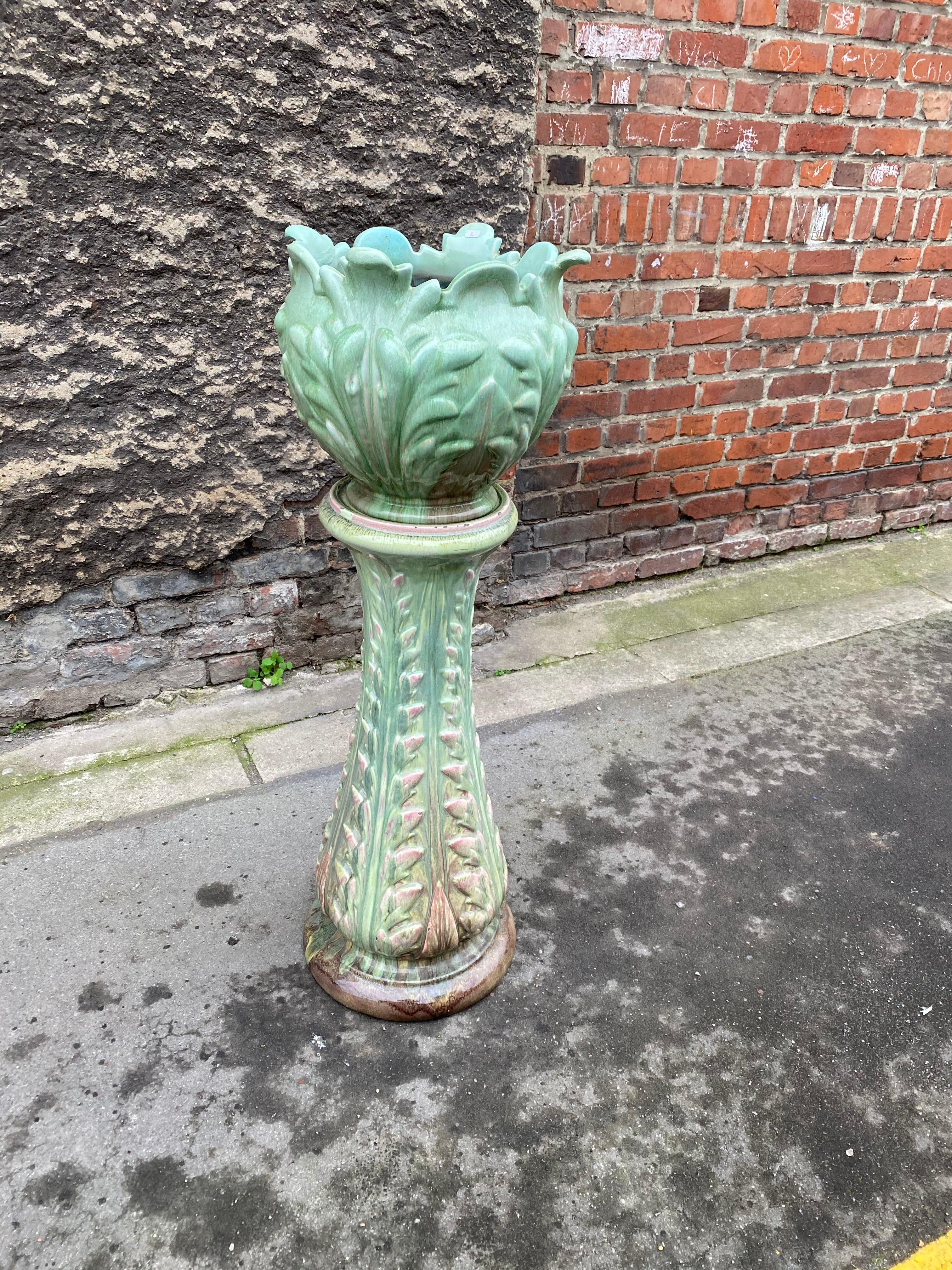 French Vallauris, Pedestal and Its Art Nouveau Ceramic Flowerpot, circa 1900 For Sale