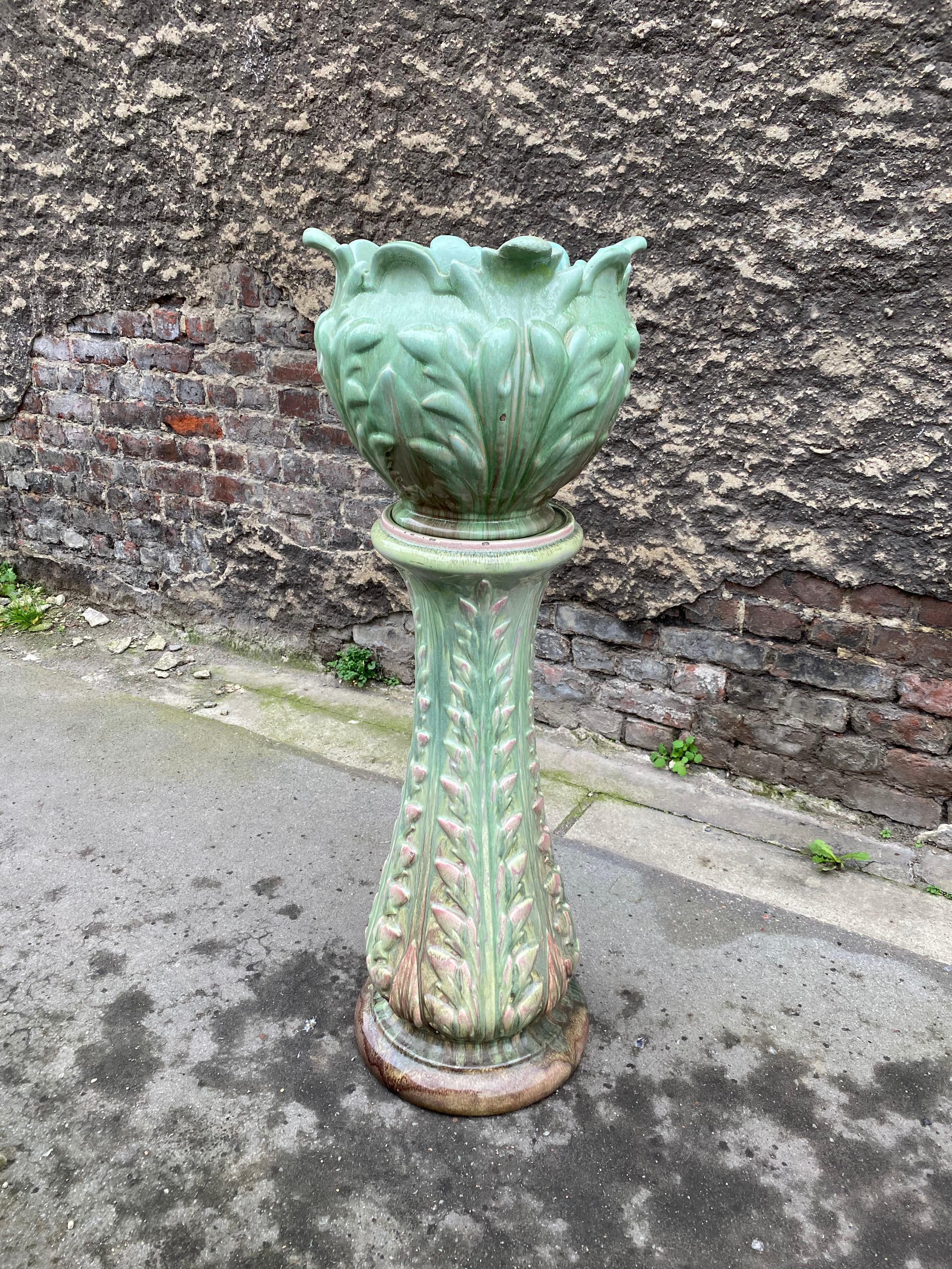 20th Century Vallauris, Pedestal and Its Art Nouveau Ceramic Flowerpot, circa 1900 For Sale