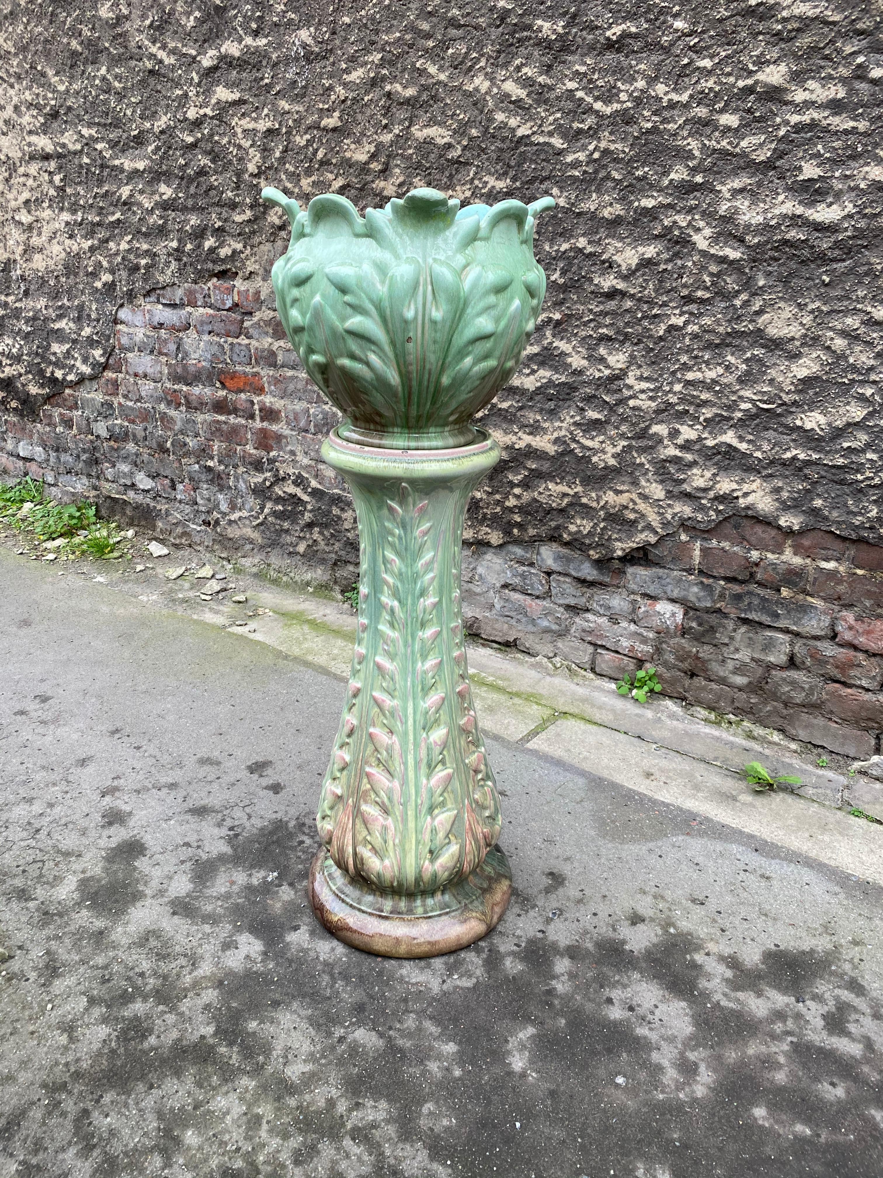 Vallauris, Pedestal and Its Art Nouveau Ceramic Flowerpot, circa 1900 For Sale 1