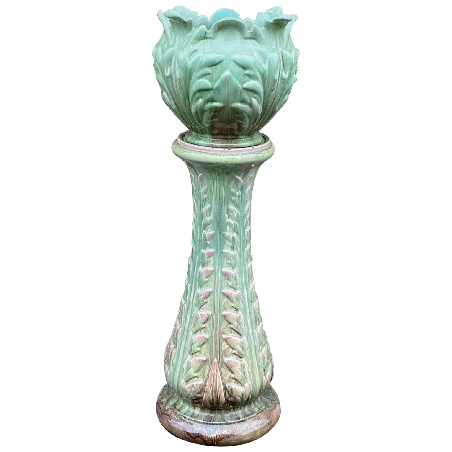 Vallauris, Pedestal and Its Art Nouveau Ceramic Flowerpot, circa 1900 For Sale