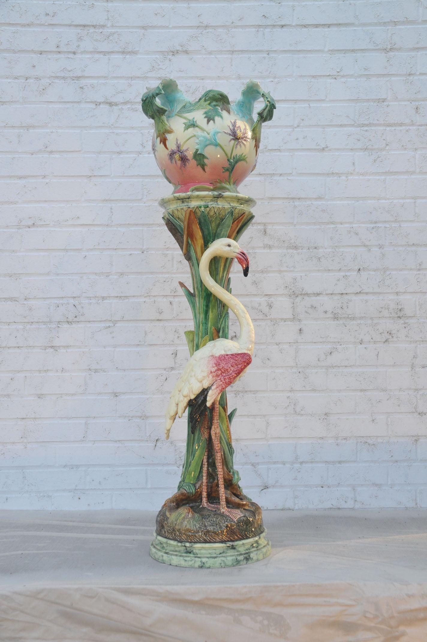South of France, circa 1900 rare.
The circular stand decorated with a stork supporting a flower holder painted with scattered flower in relief
Both signed under the base Delphyn Massier Vallauris.
Measures: H. 124.5 cm ( 48 in.)
Condition: The