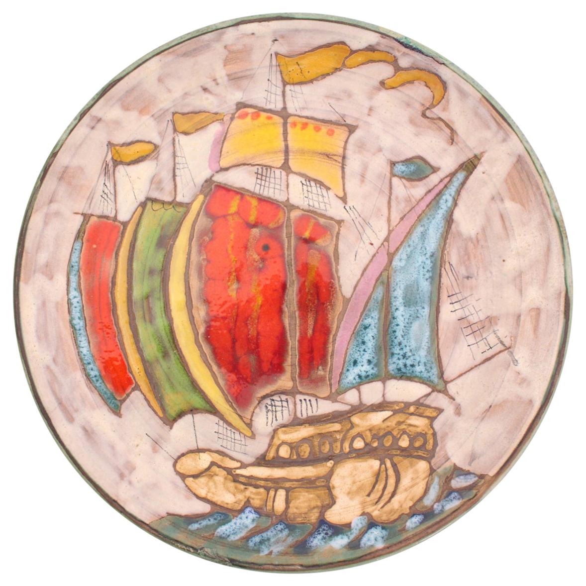 Vallauris Plate Midcentury Galleon One of a Kind Hand Decorated Studio Pottery