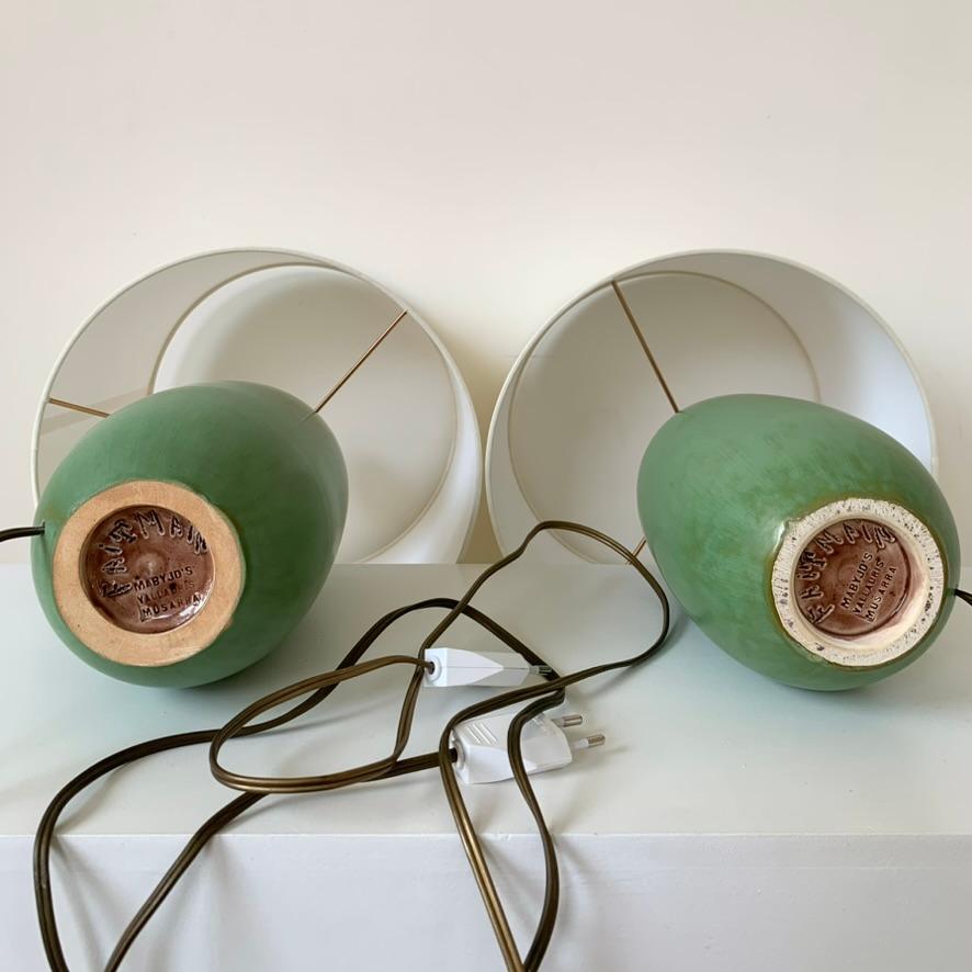 Paire de lampes de table en céramique vertes signées Vallauris, circa 1950, France. en vente 6