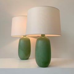 Vallauris Signed Pair of Green Ceramic Table Lamps circa 1950, France.