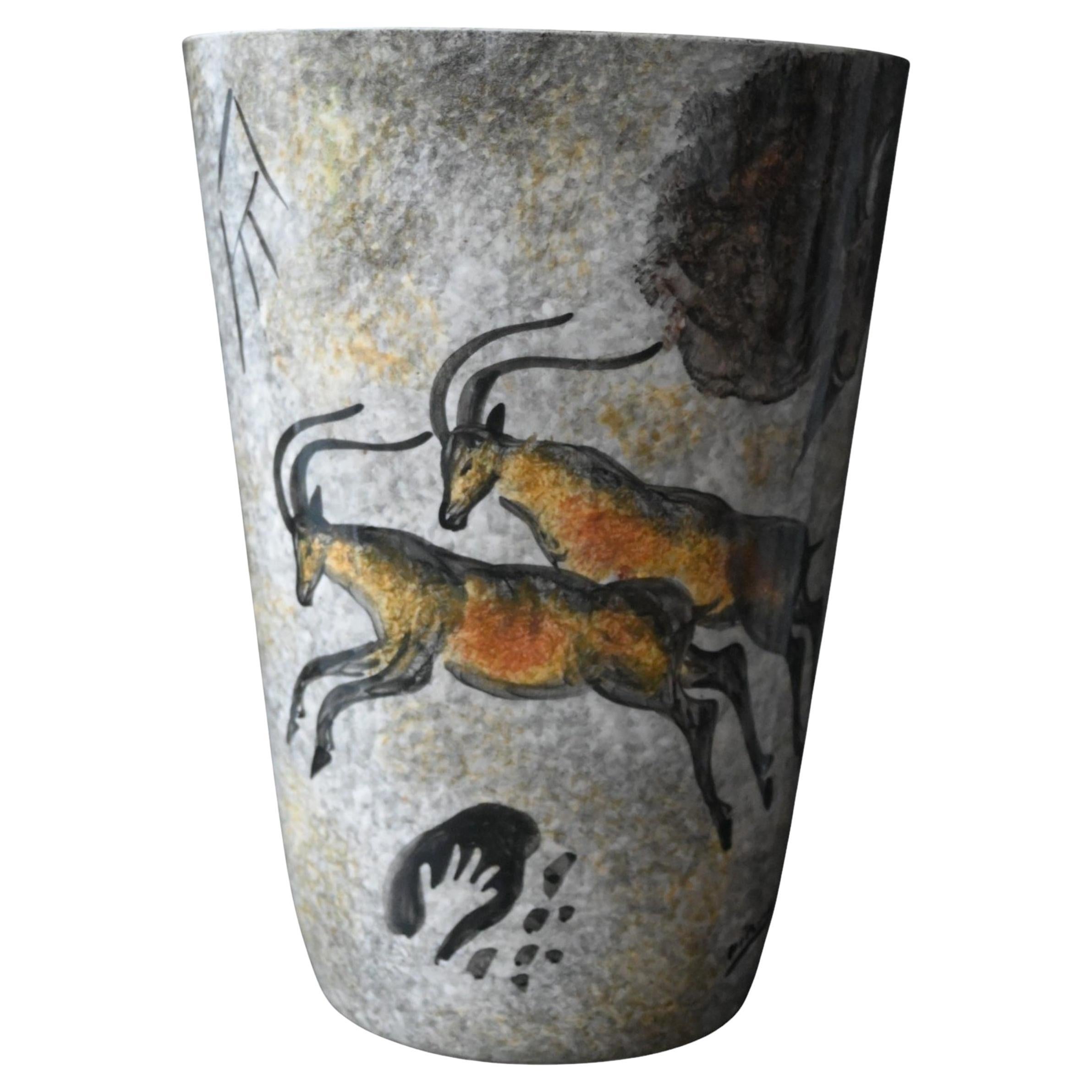 Vallauris Vase, 1950s – Prehistoric “lascaux” Decoration – Hand-painted in vendita