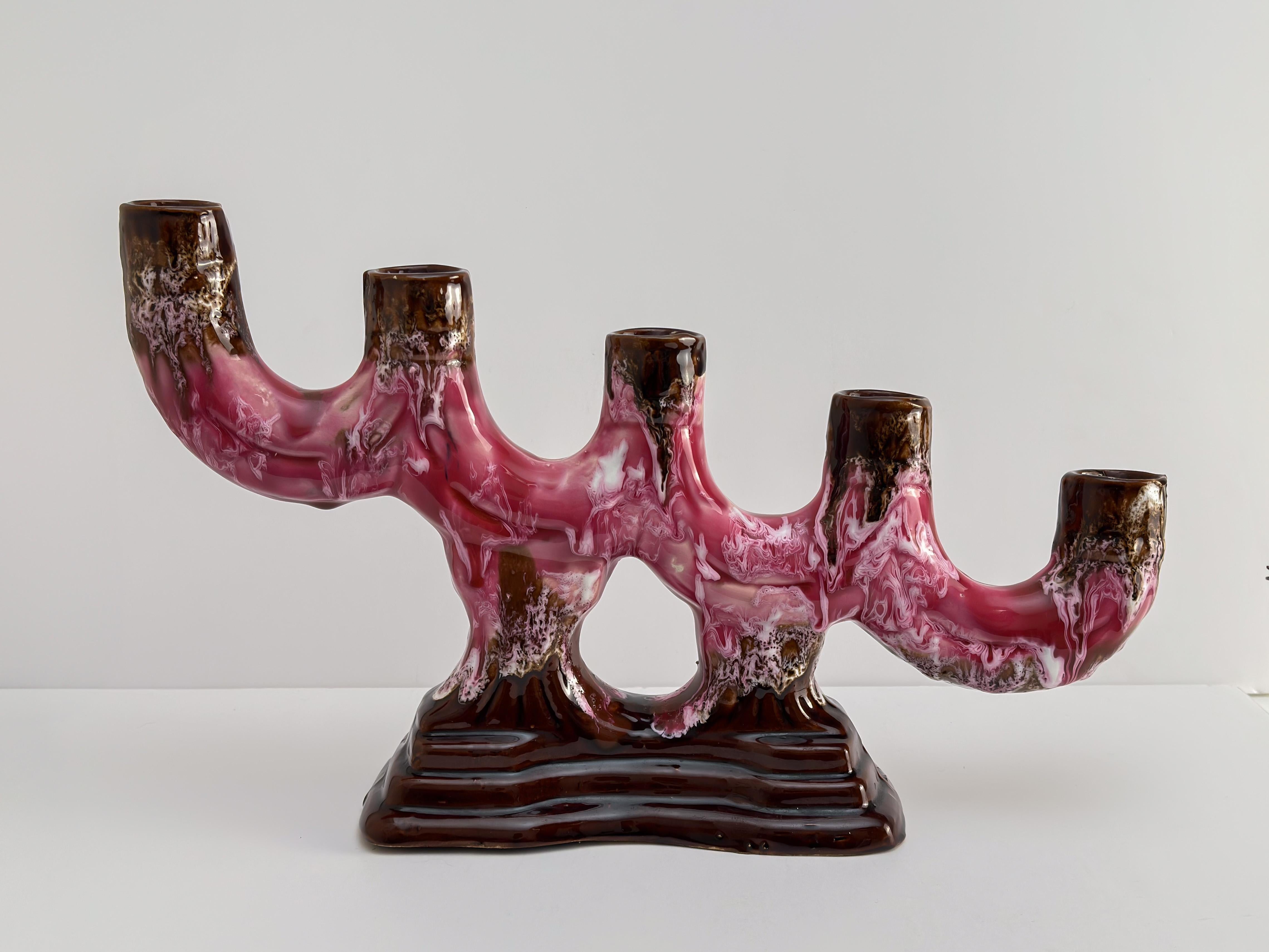 Brutalist Vallauris, Vintage Candelabra, Pink Brown Glaze Ceramic, c.1960s France For Sale