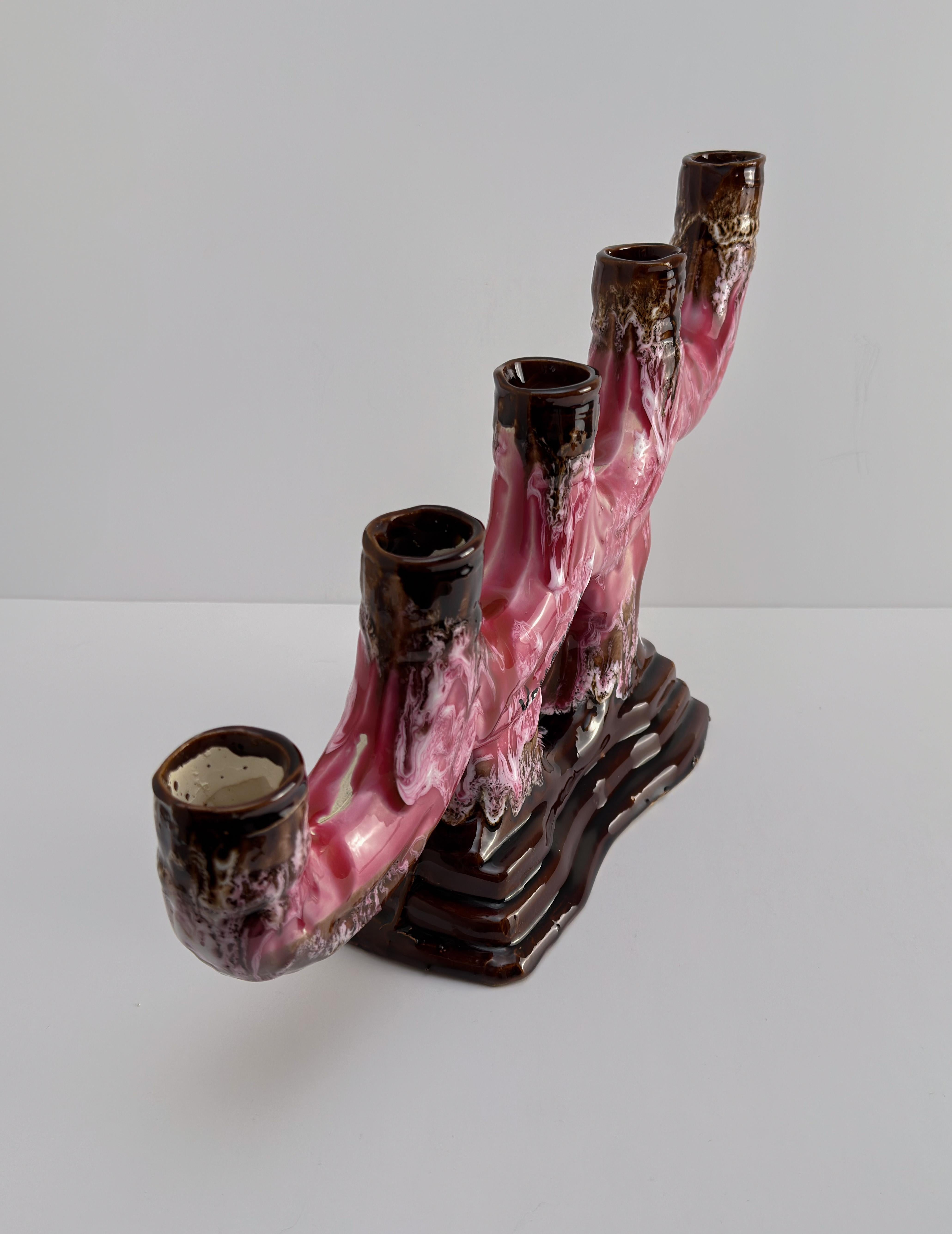 French Vallauris, Vintage Candelabra, Pink Brown Glaze Ceramic, c.1960s France For Sale