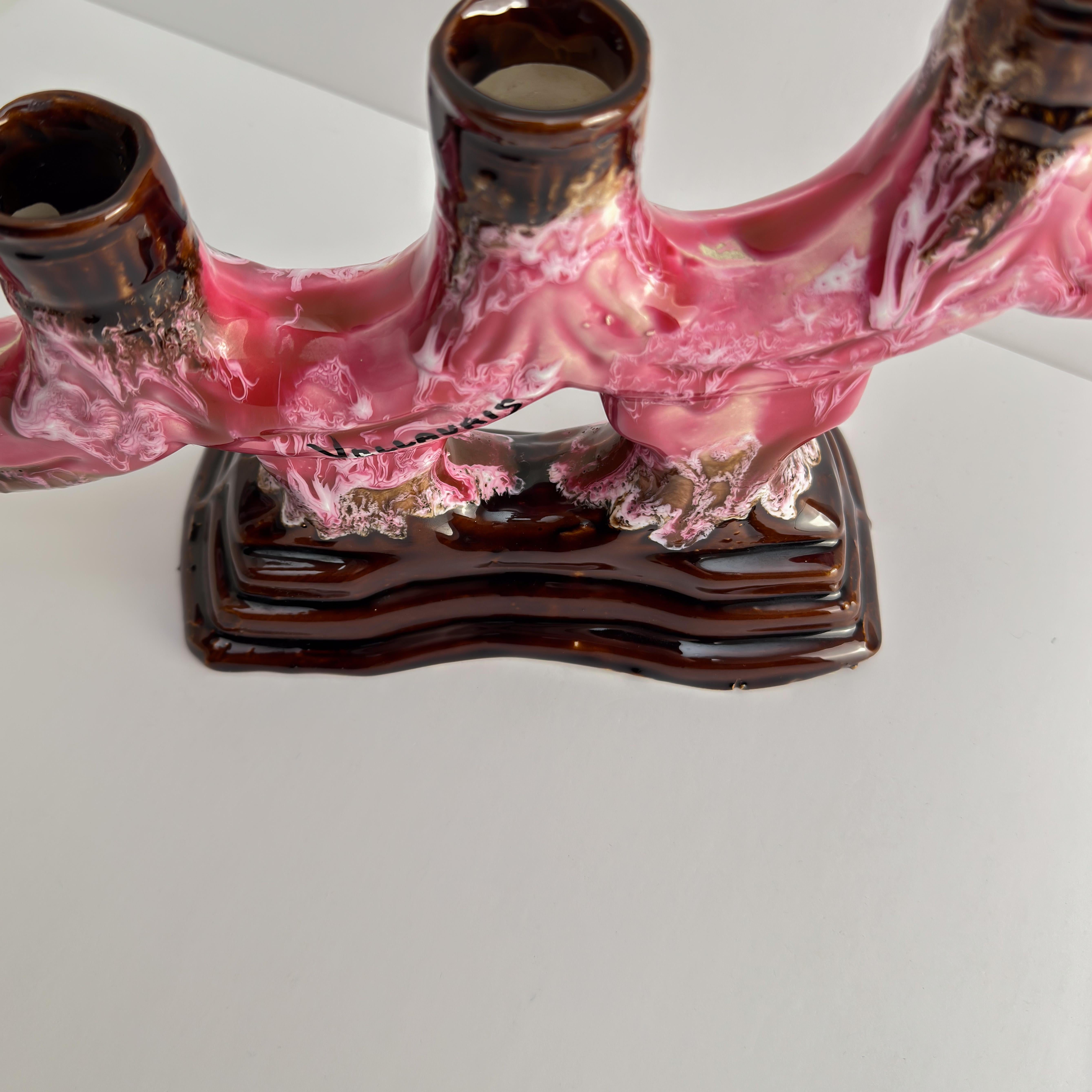 Hand-Painted Vallauris, Vintage Candelabra, Pink Brown Glaze Ceramic, c.1960s France For Sale
