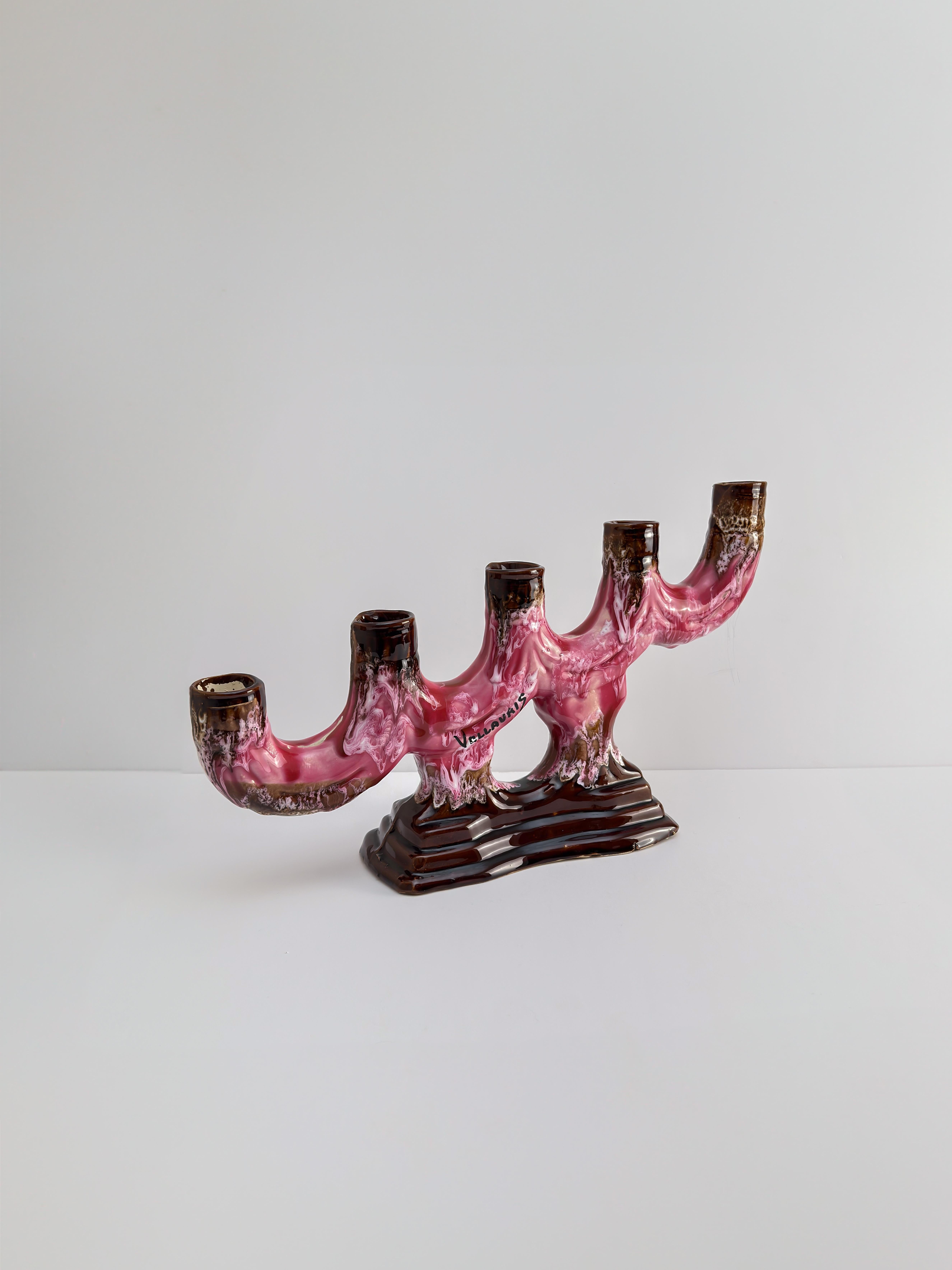 Vallauris, Vintage Candelabra, Pink Brown Glaze Ceramic, c.1960s France In Good Condition For Sale In Glasgow, GB