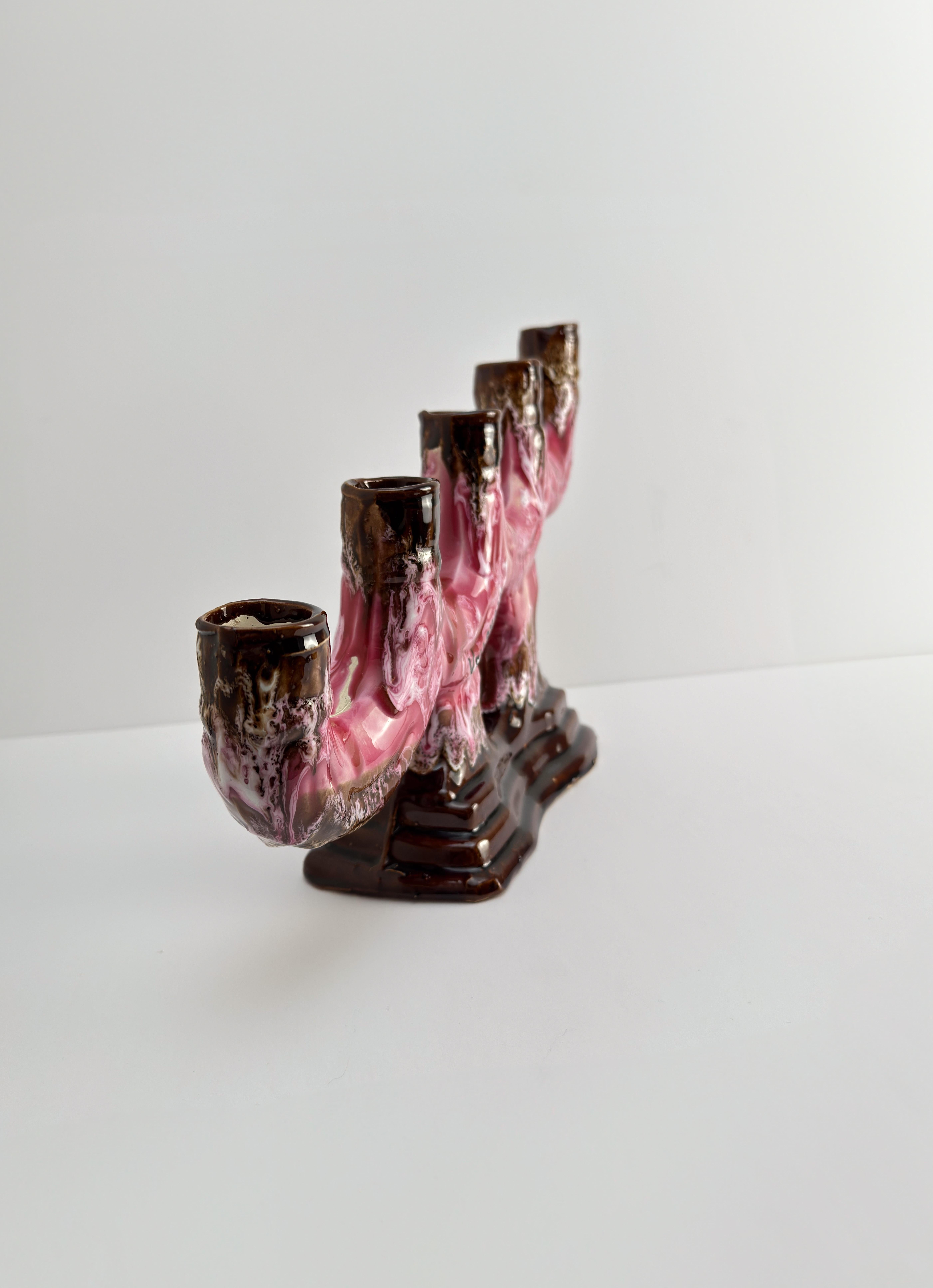 Vallauris, Vintage Candelabra, Pink Brown Glaze Ceramic, c.1960s France For Sale 1