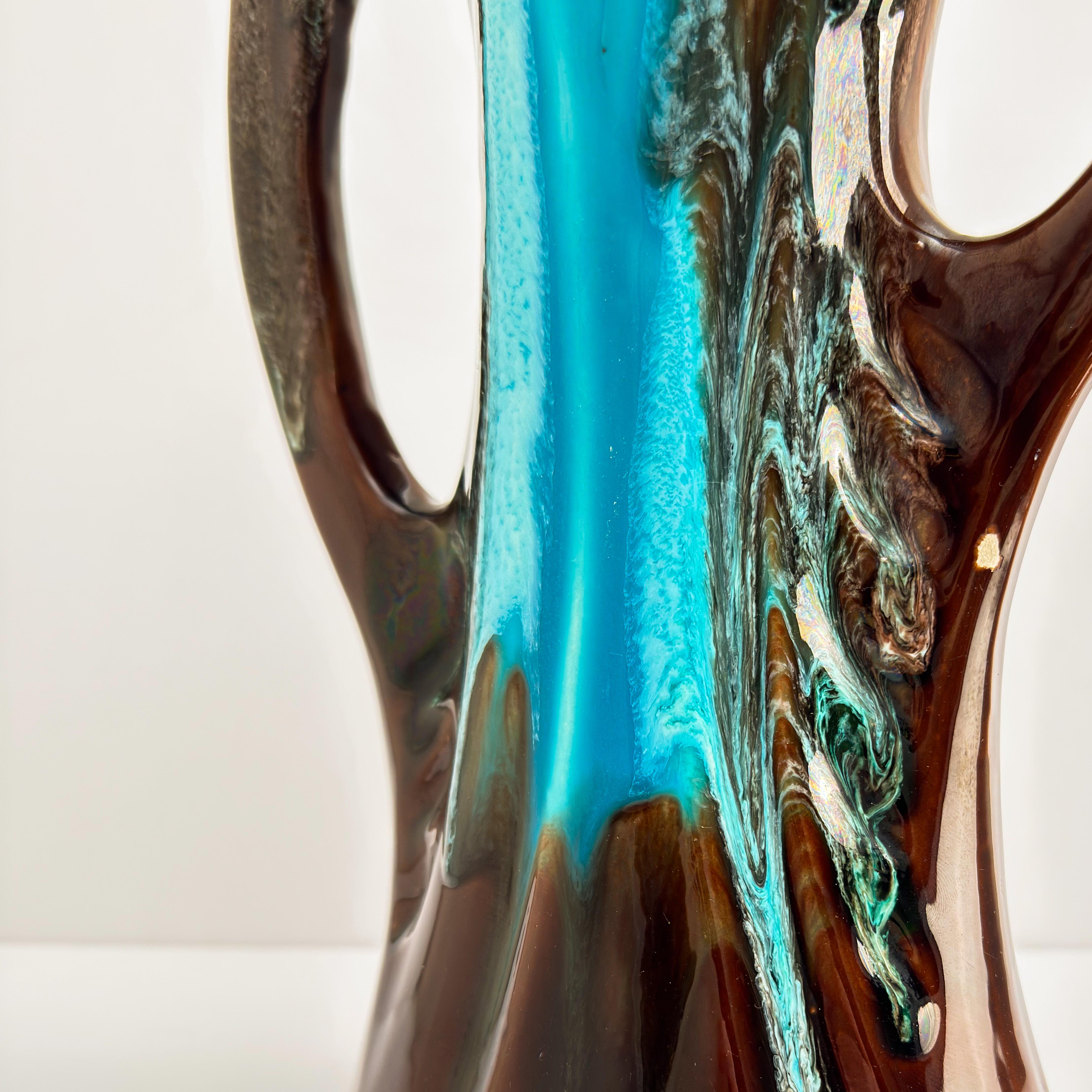 Brutalist Vallauris Vintage Vase, Brown Turquoise Glazed Ceramic, Double Handled, France For Sale