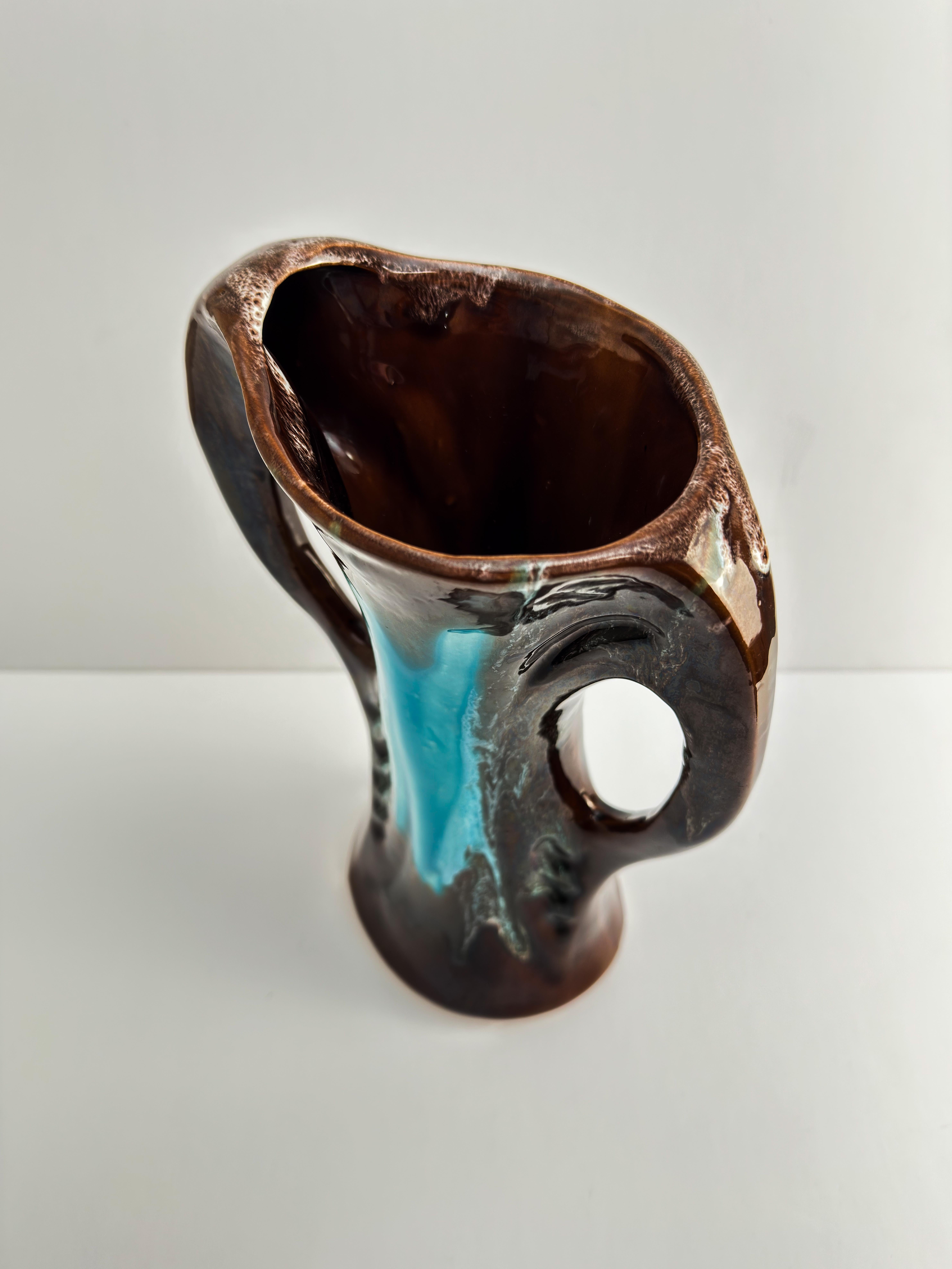 French Vallauris Vintage Vase, Brown Turquoise Glazed Ceramic, Double Handled, France For Sale