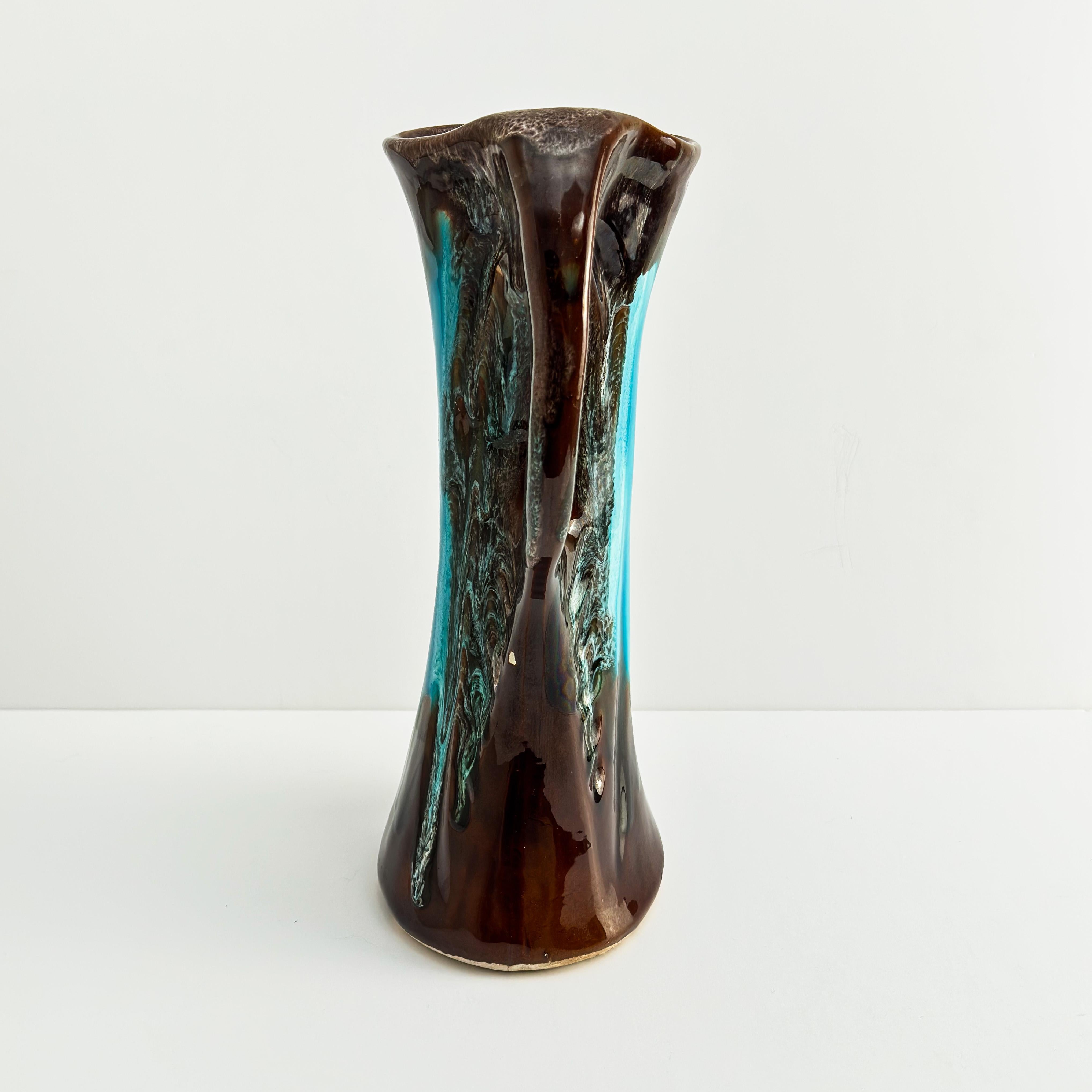 Fired Vallauris Vintage Vase, Brown Turquoise Glazed Ceramic, Double Handled, France For Sale