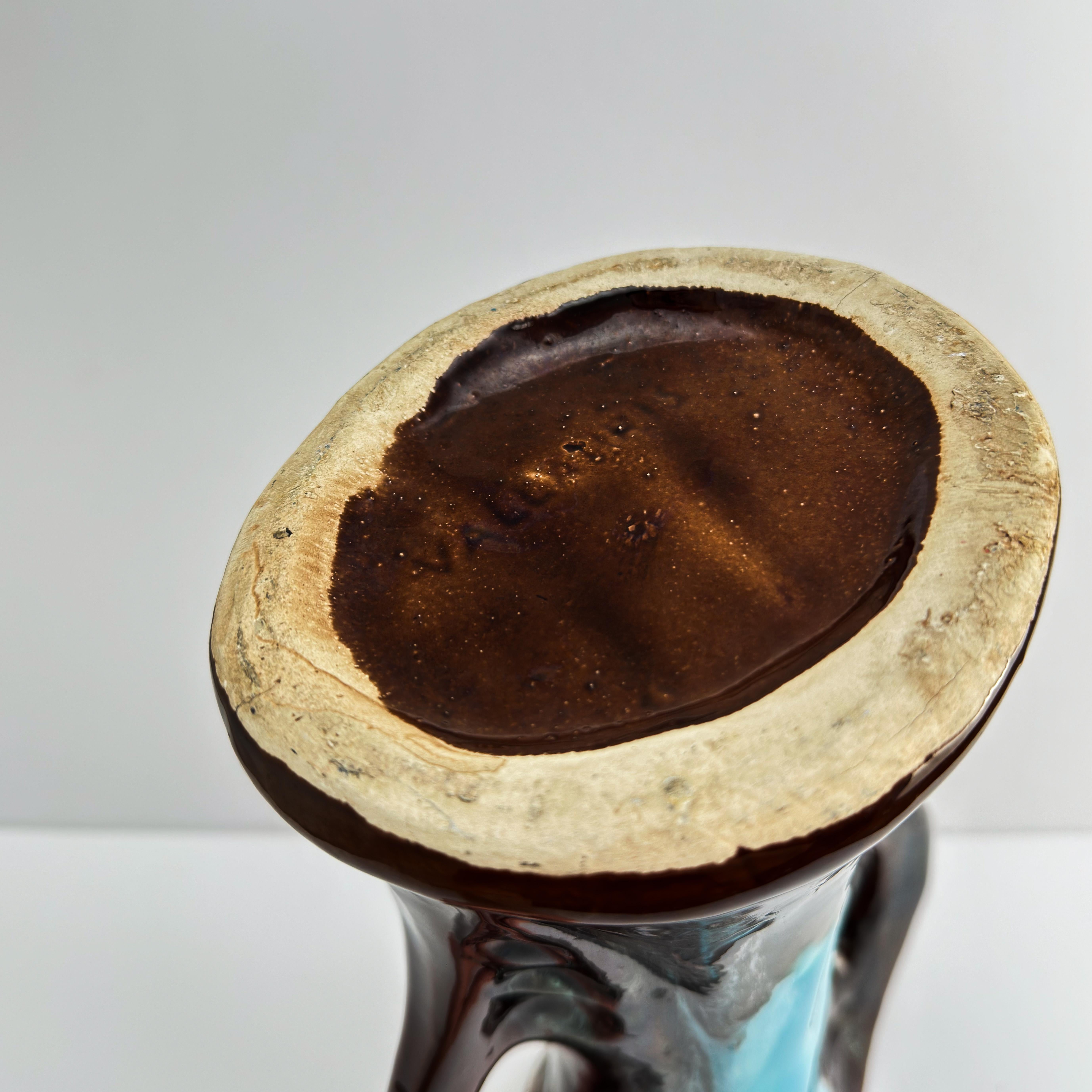 Vallauris Vintage Vase, Brown Turquoise Glazed Ceramic, Double Handled, France In Good Condition For Sale In Glasgow, GB