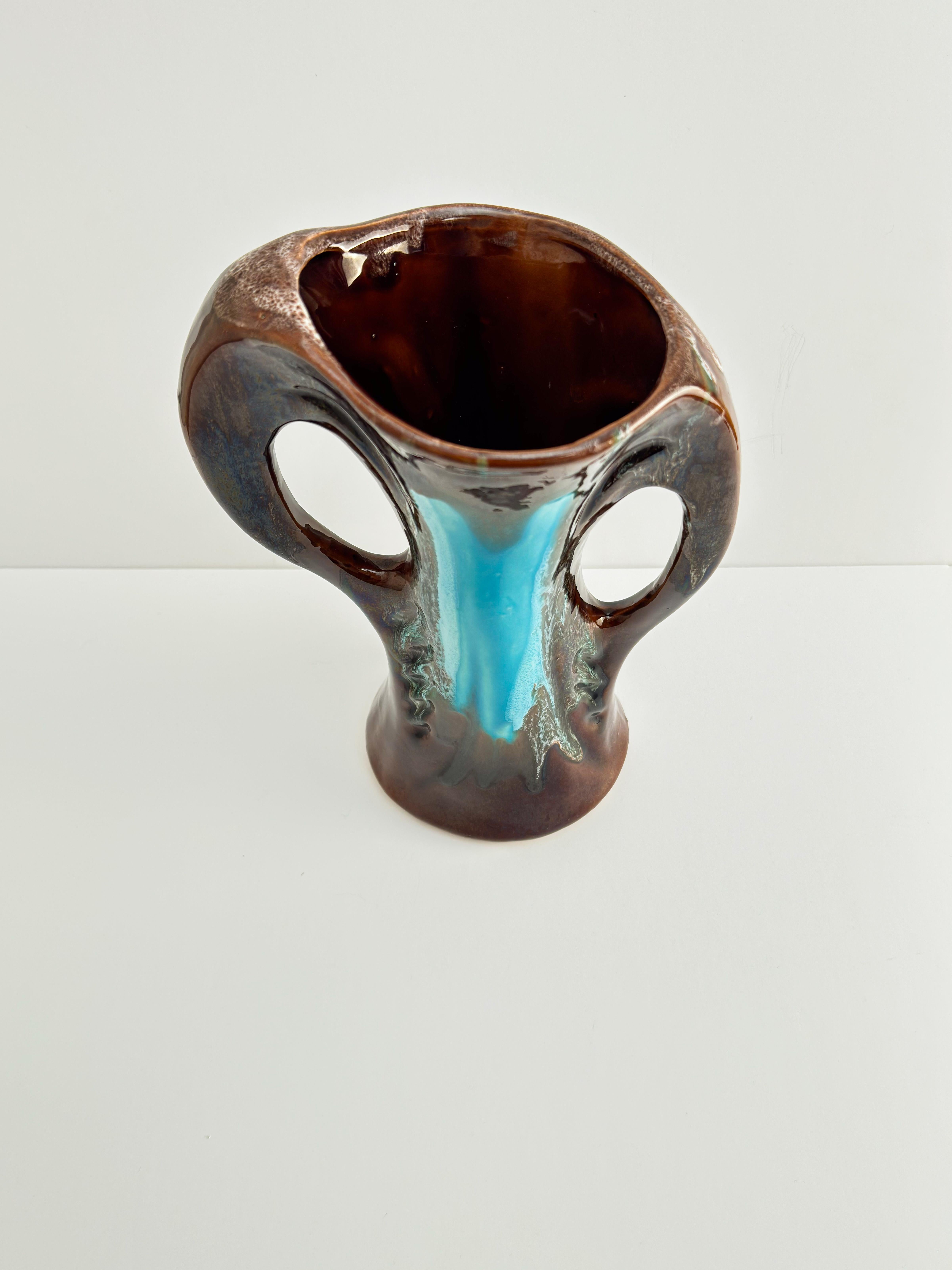 20th Century Vallauris Vintage Vase, Brown Turquoise Glazed Ceramic, Double Handled, France For Sale