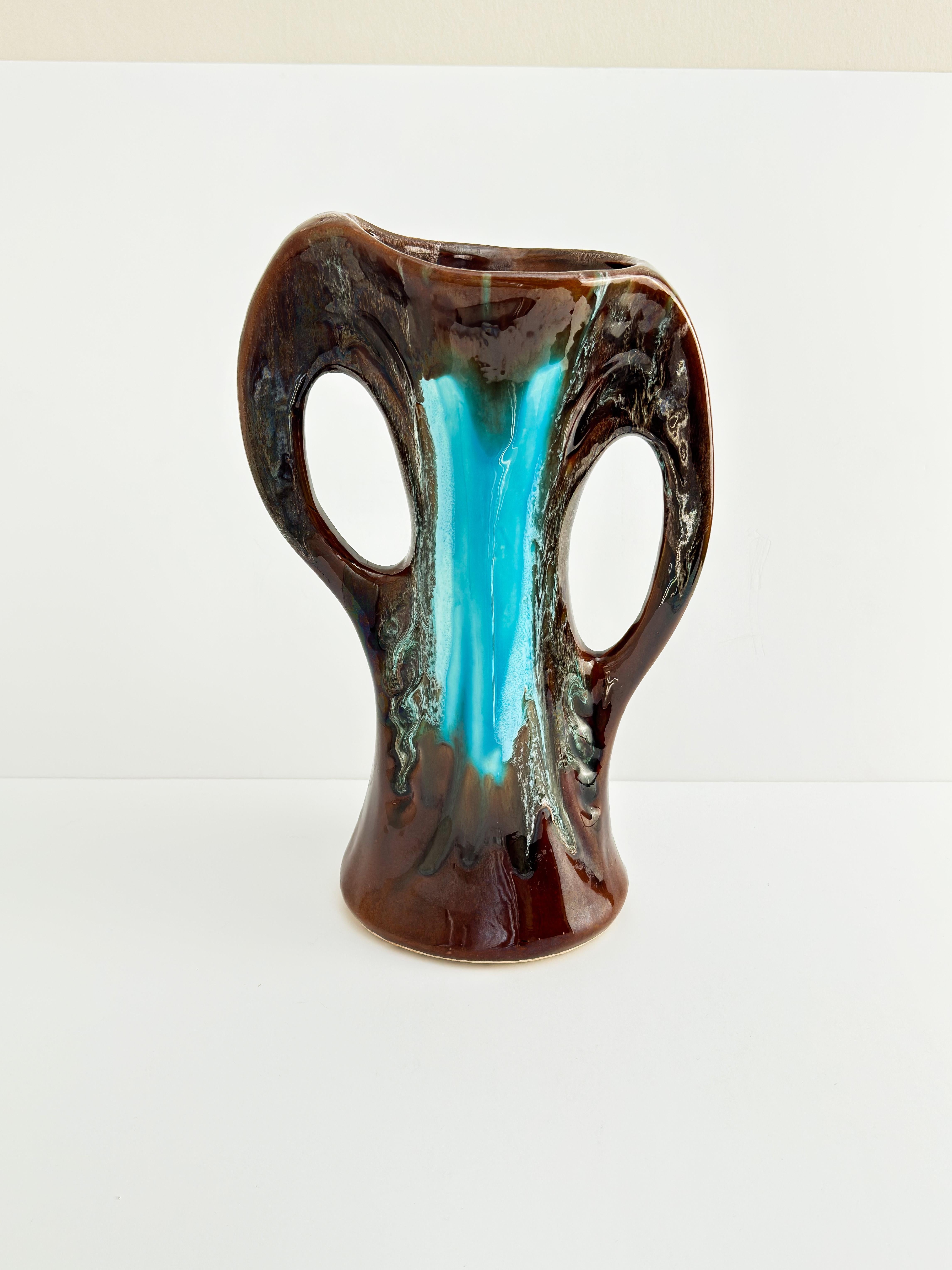 Vallauris Vintage Vase, Brown Turquoise Glazed Ceramic, Double Handled, France For Sale 1