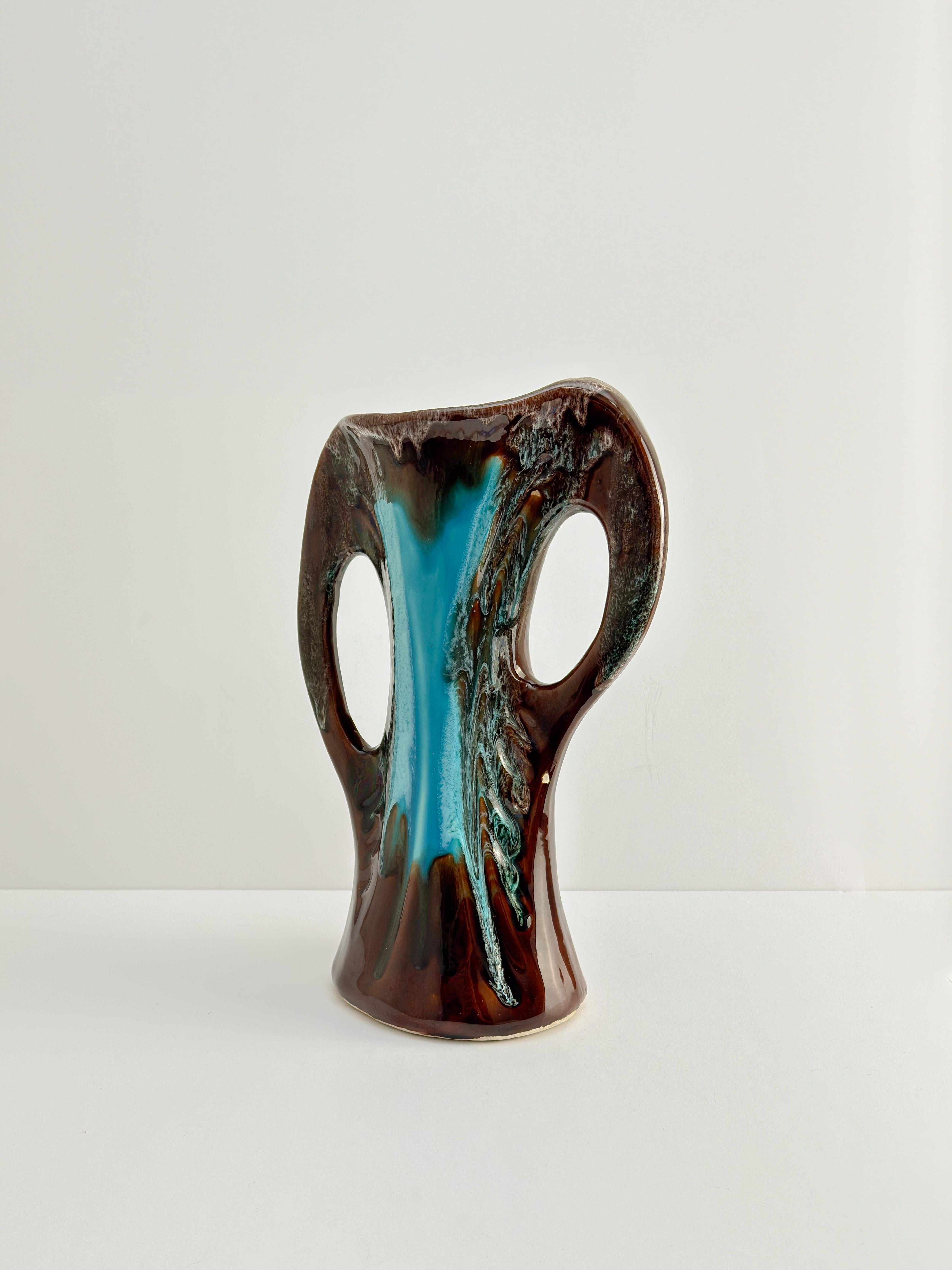 Vallauris Vintage Vase, Brown Turquoise Glazed Ceramic, Double Handled, France For Sale 2