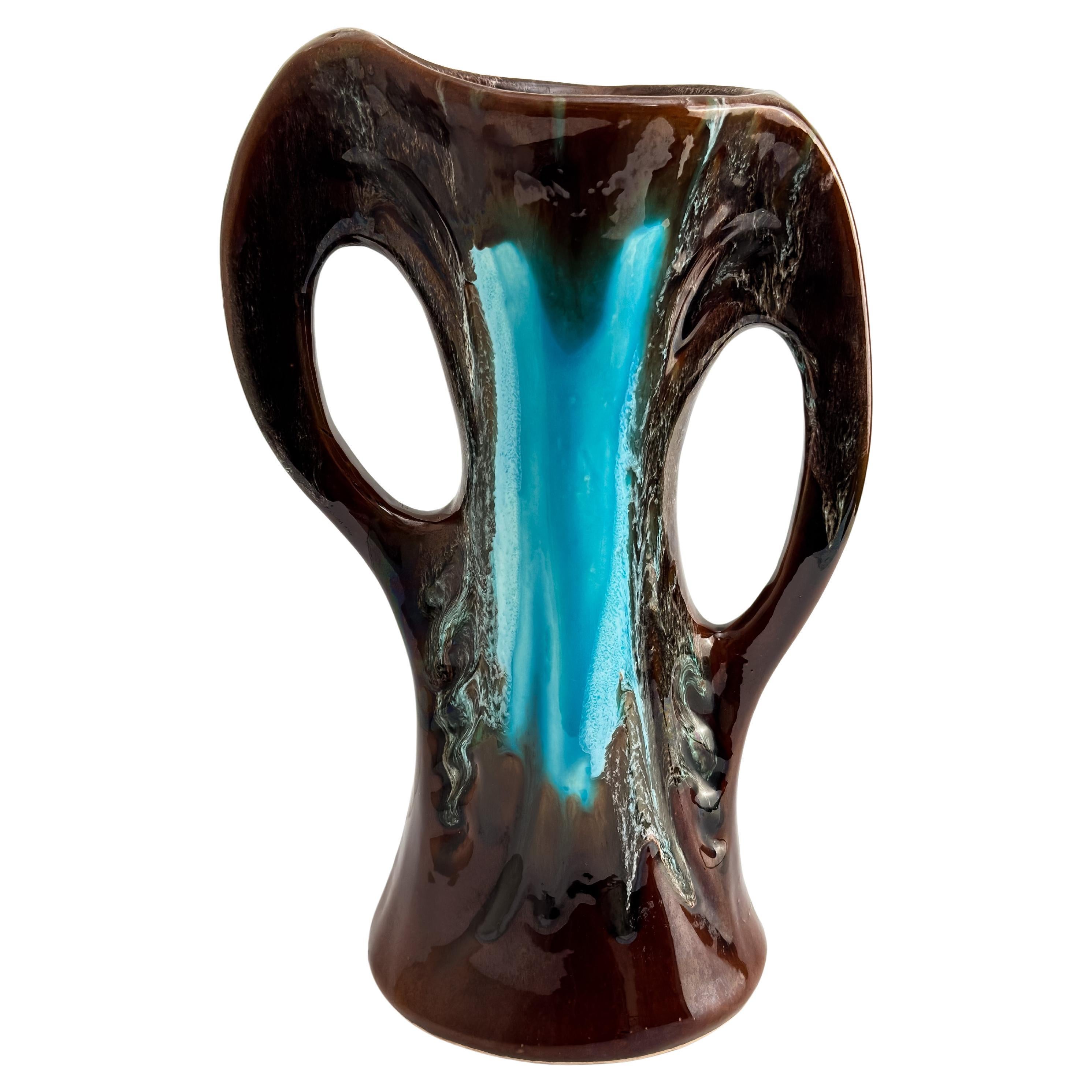 Vallauris Vintage Vase, Brown Turquoise Glazed Ceramic, Double Handled, France
