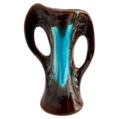 Vallauris Vintage Vase, Brown Turquoise Glazed Ceramic, Double Handled, France