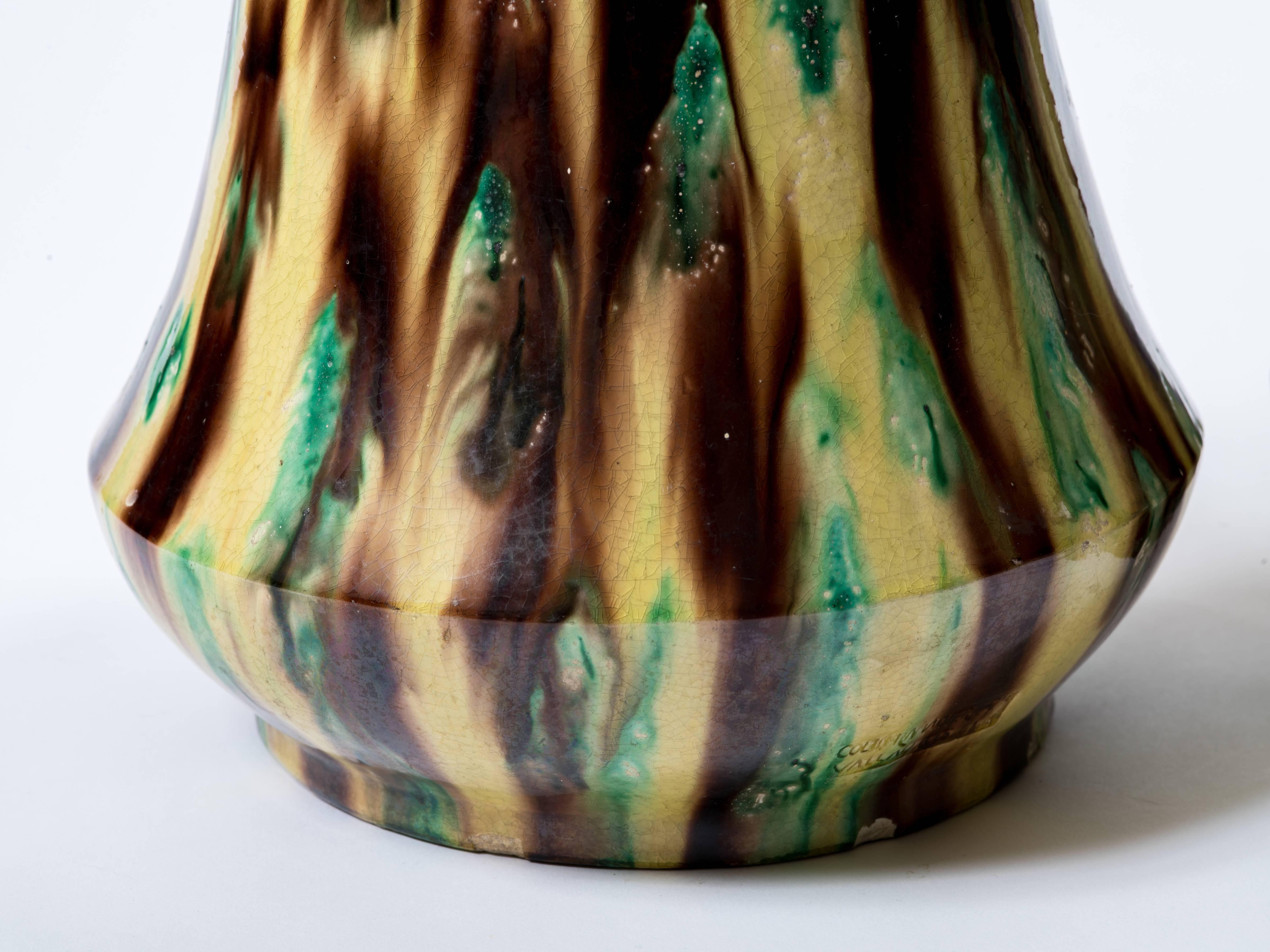 Mid-20th Century Vallauris Yellow, Green and Brown Vases by Colin-Ramadier