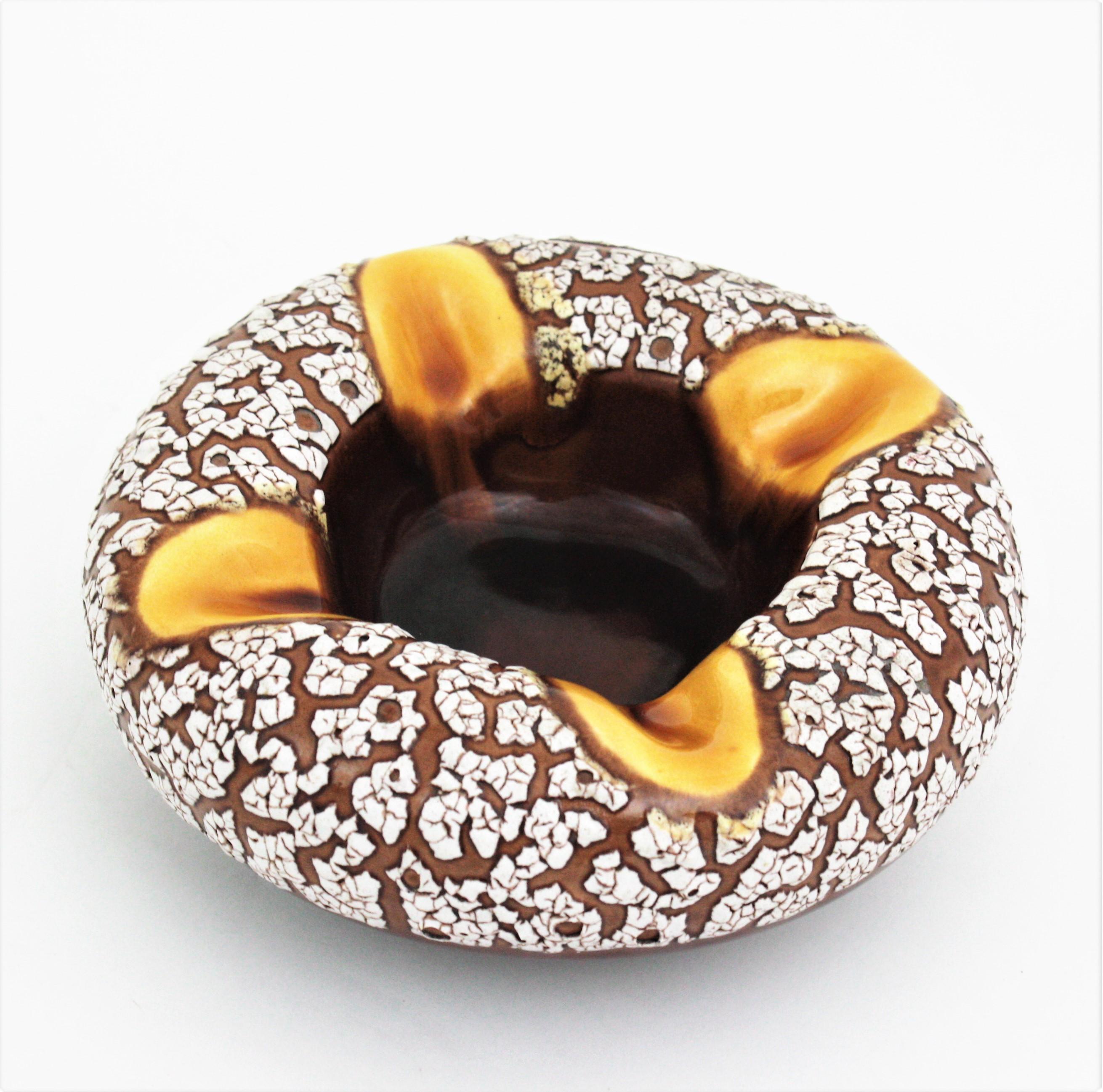 Mid-Century Modern Vallauris Yellow White Brown Ceramic Fat Lava Round Ashtray / Bowl, 1950s For Sale