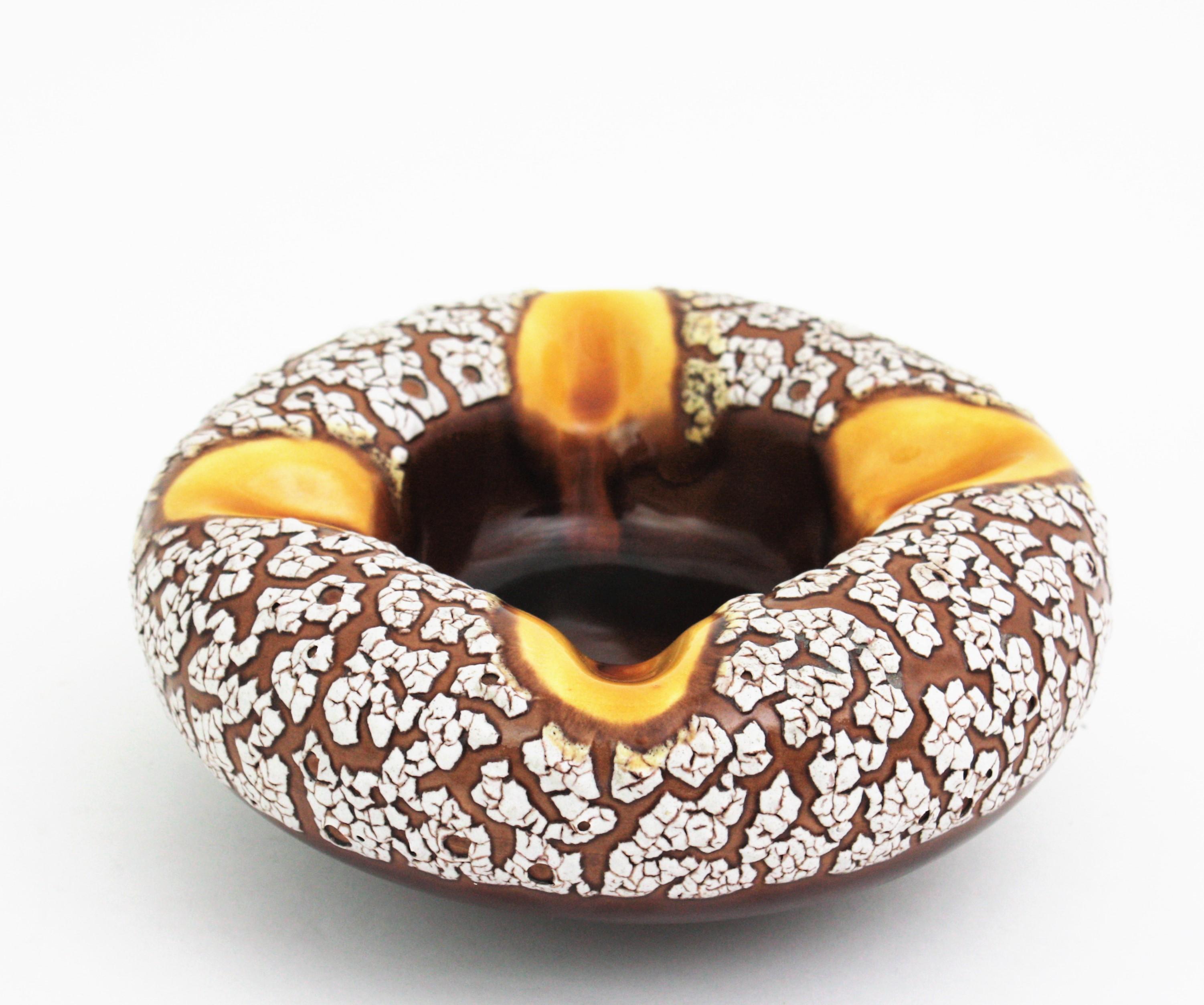 French Vallauris Yellow White Brown Ceramic Fat Lava Round Ashtray / Bowl, 1950s For Sale