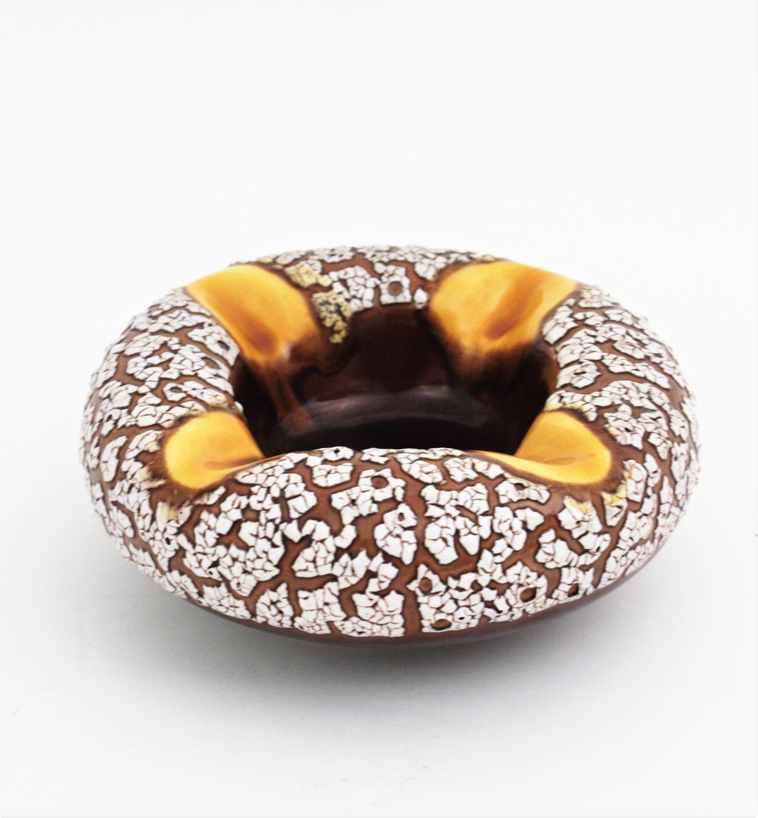 20th Century Vallauris Yellow White Brown Ceramic Fat Lava Round Ashtray / Bowl, 1950s For Sale