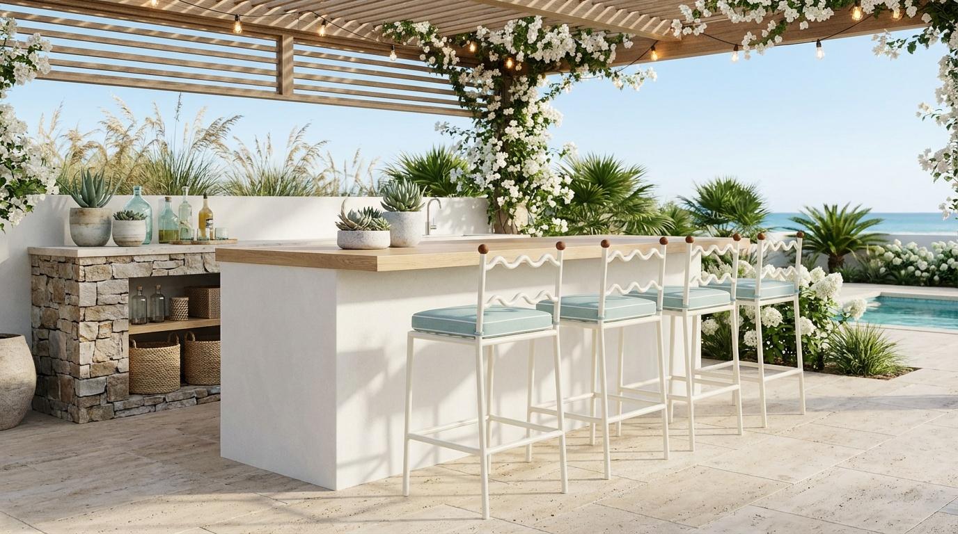 Valldemossa Outdoor-Barstuhl aus lackiertem Metall mit Iroko-Holz-Details (Organische Moderne) im Angebot