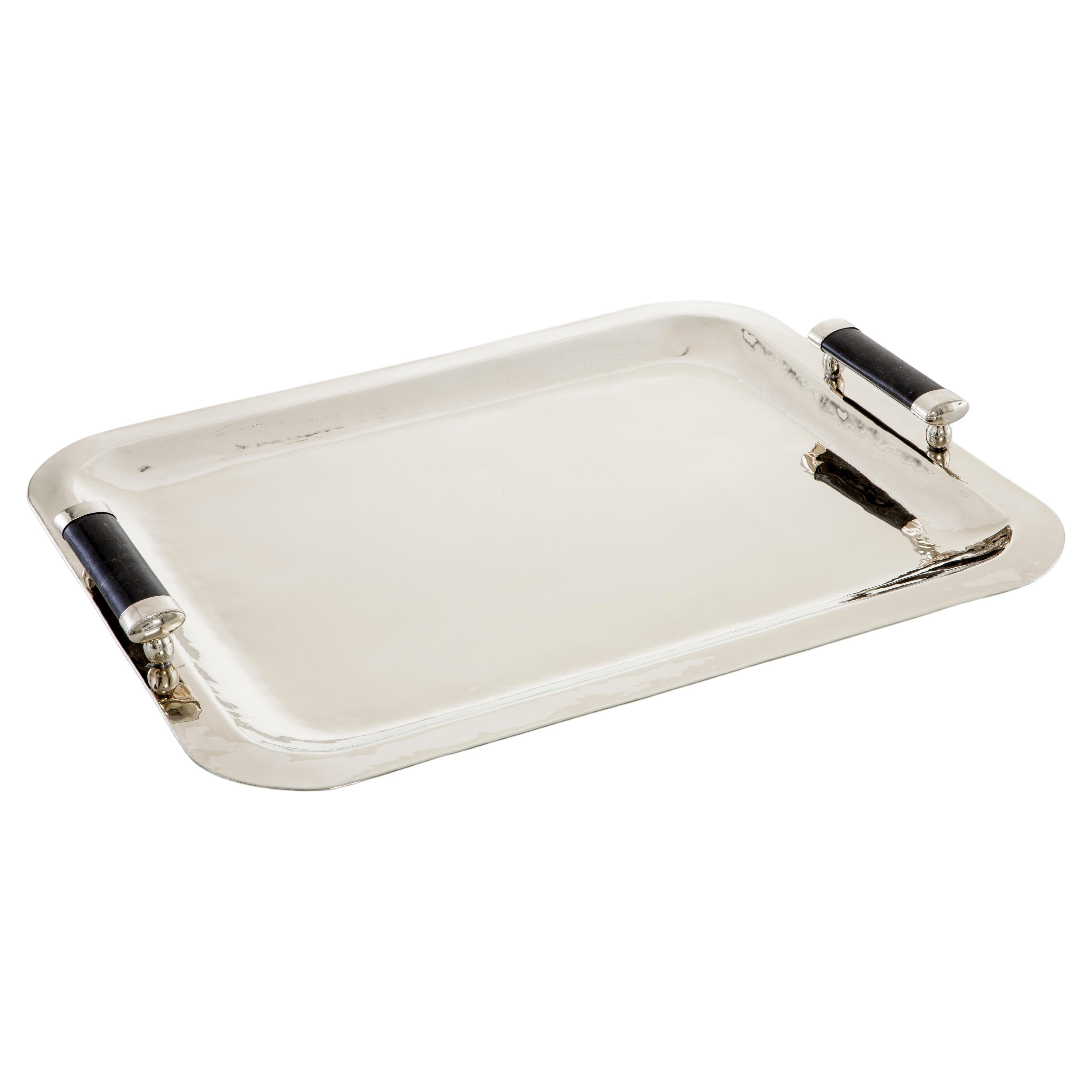 Valle Bar Large Silver Alpaca & Black Onyx Stone Tray For Sale