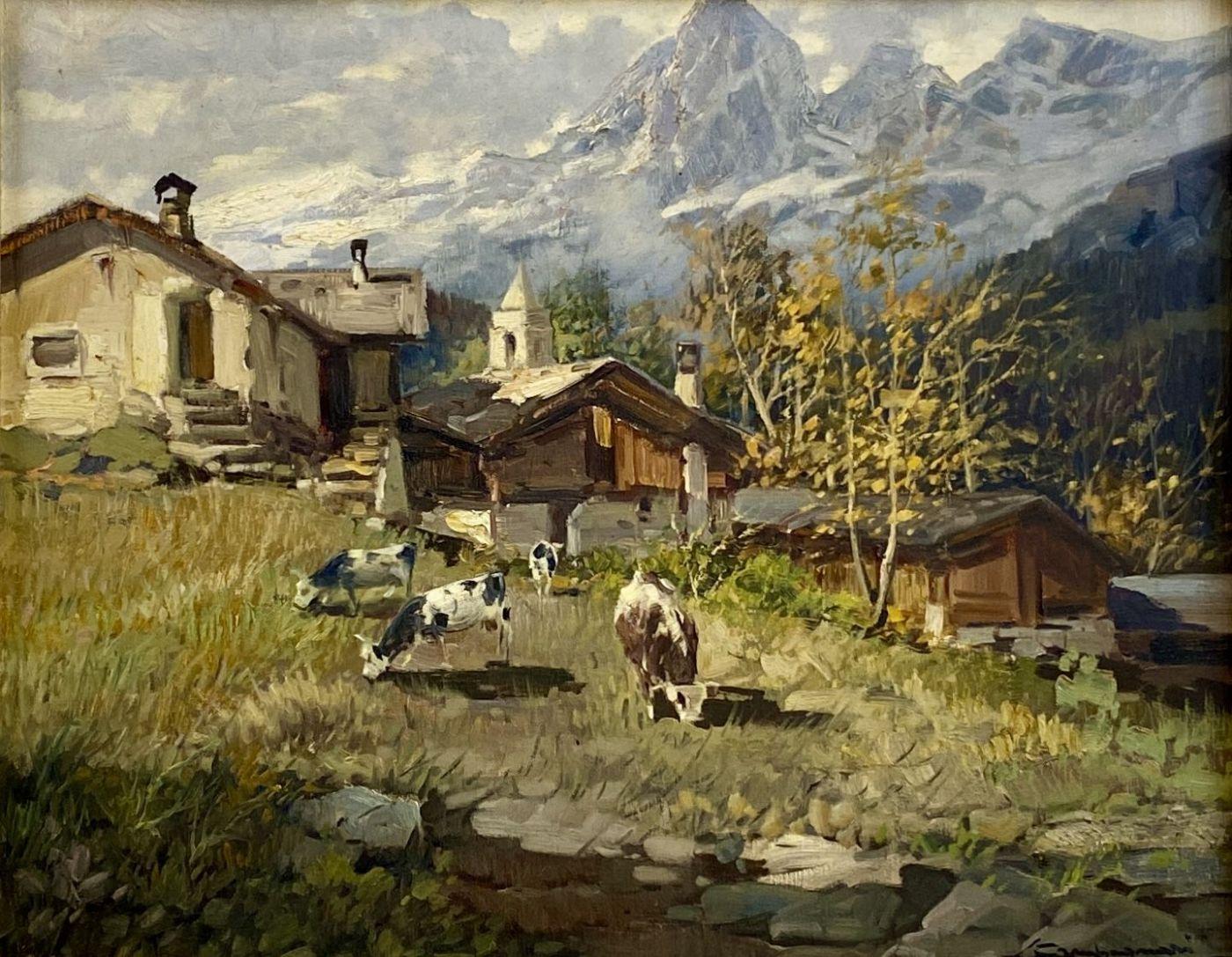 The painting for sale is an oil on canvas by Licinio Campagnari,  born in Mestre in 1920 and died in Andora in 1981. His favorite subjects are the mountains of the Aosta Valley, often depicted with pastures and typical dwellings. In fact, the
