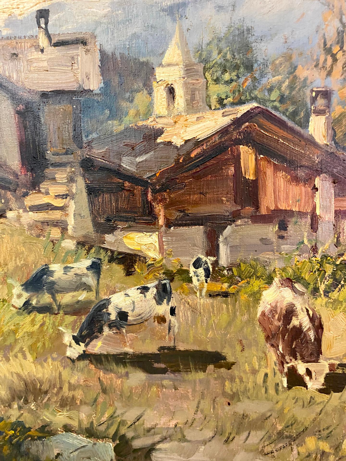 Italian Champoluc Valley - Pilaz by Licinio Campagnari - Oil on canvas  For Sale