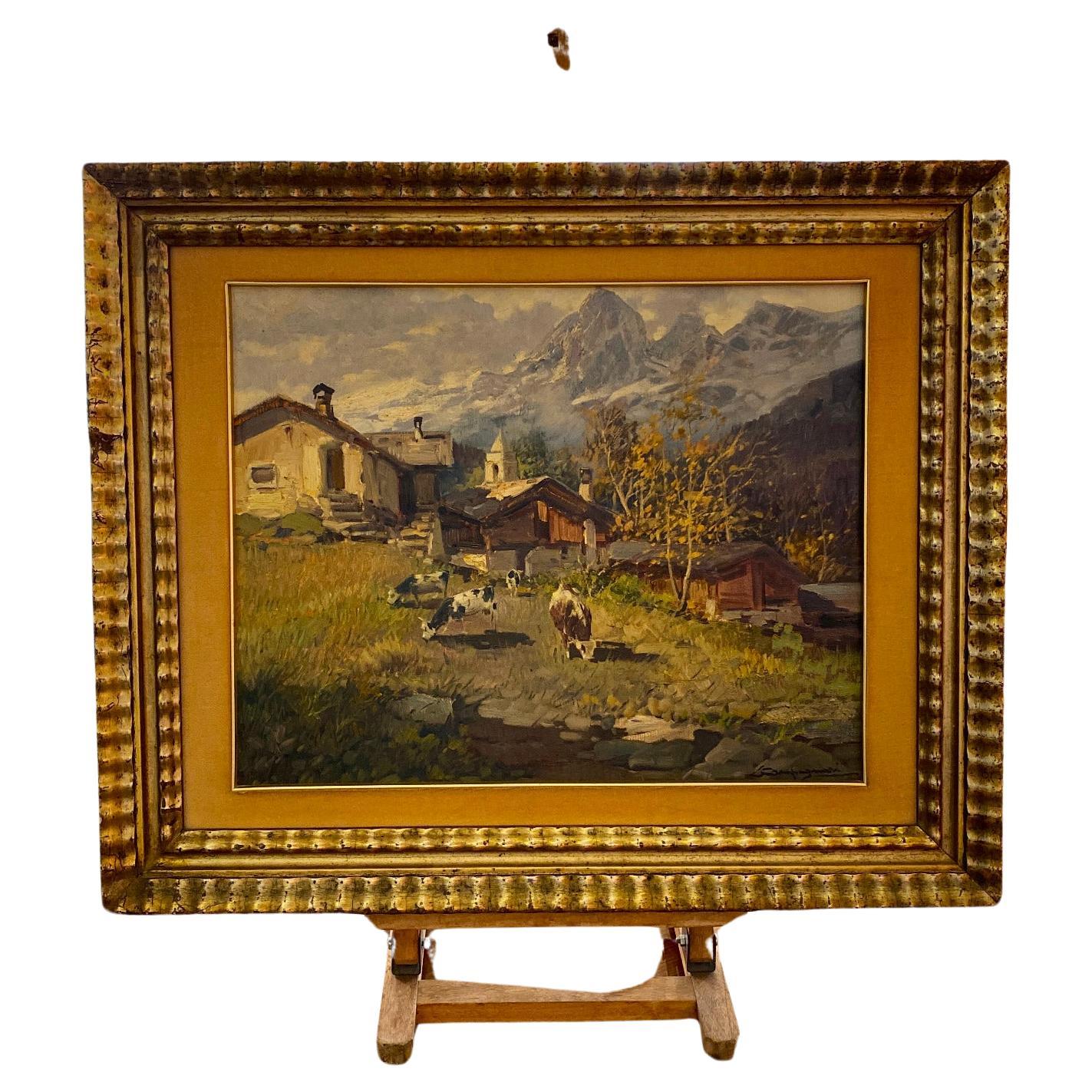Champoluc Valley - Pilaz by Licinio Campagnari - Oil on canvas  For Sale