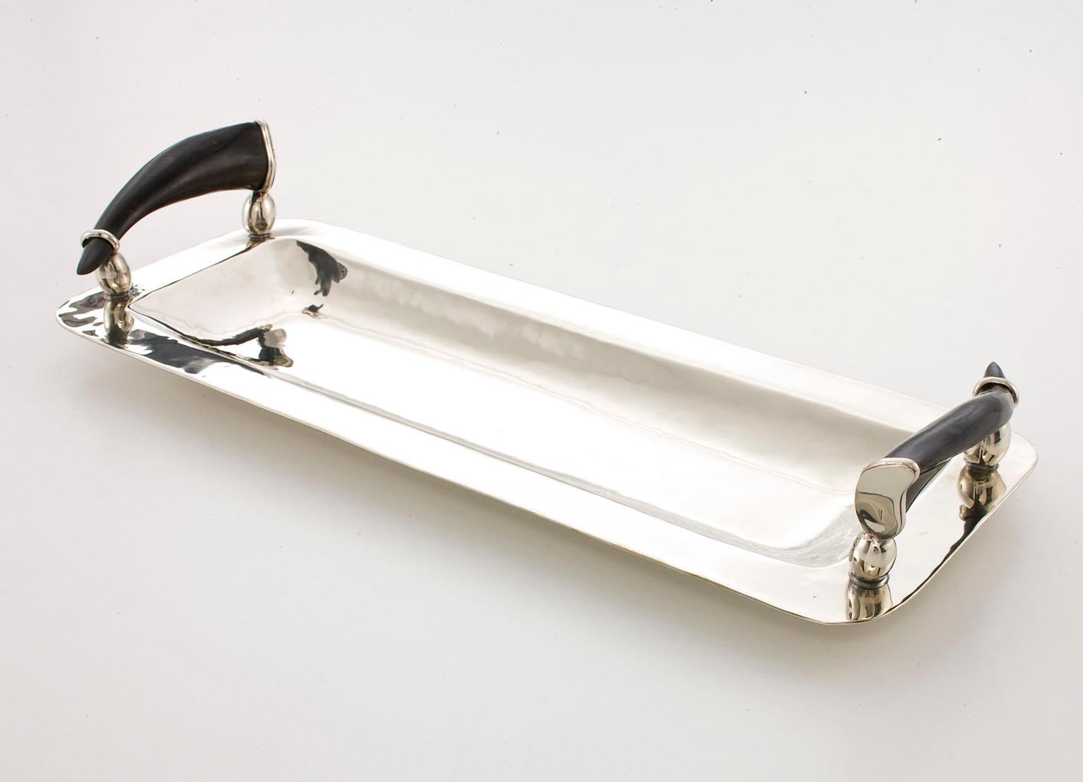 Modern Valle Large Rectangular Tray Silver Alpaca & Horn Tray For Sale