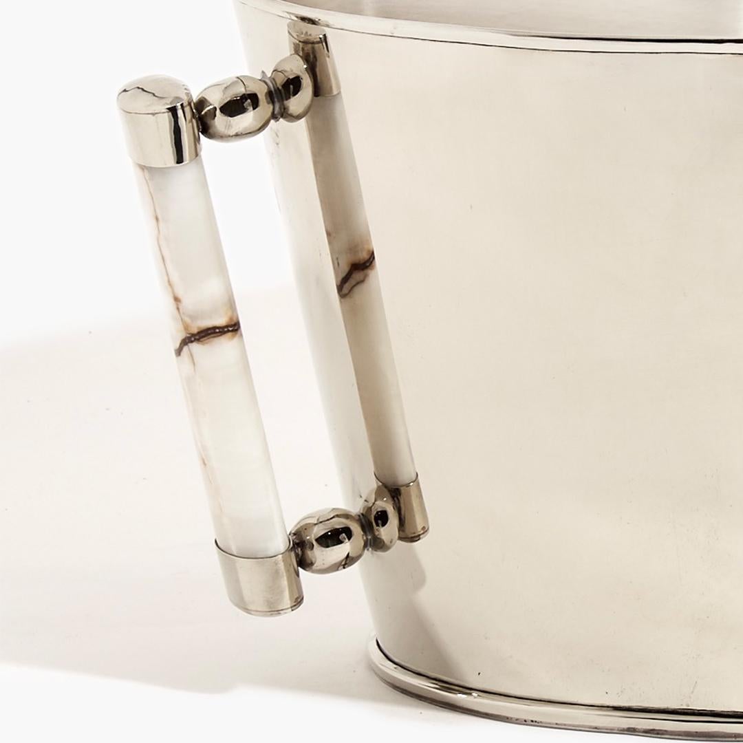 Modern Valle Large Silver Alpaca & Cream Onyx Stone Bar Champagne Bucket For Sale