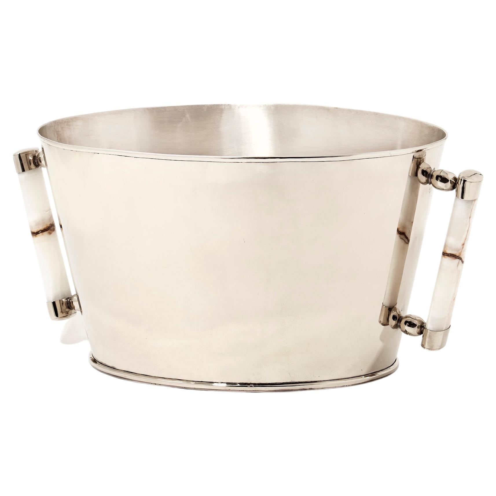 Valle Large Silver Alpaca & Cream Onyx Stone Bar Champagne Bucket For Sale