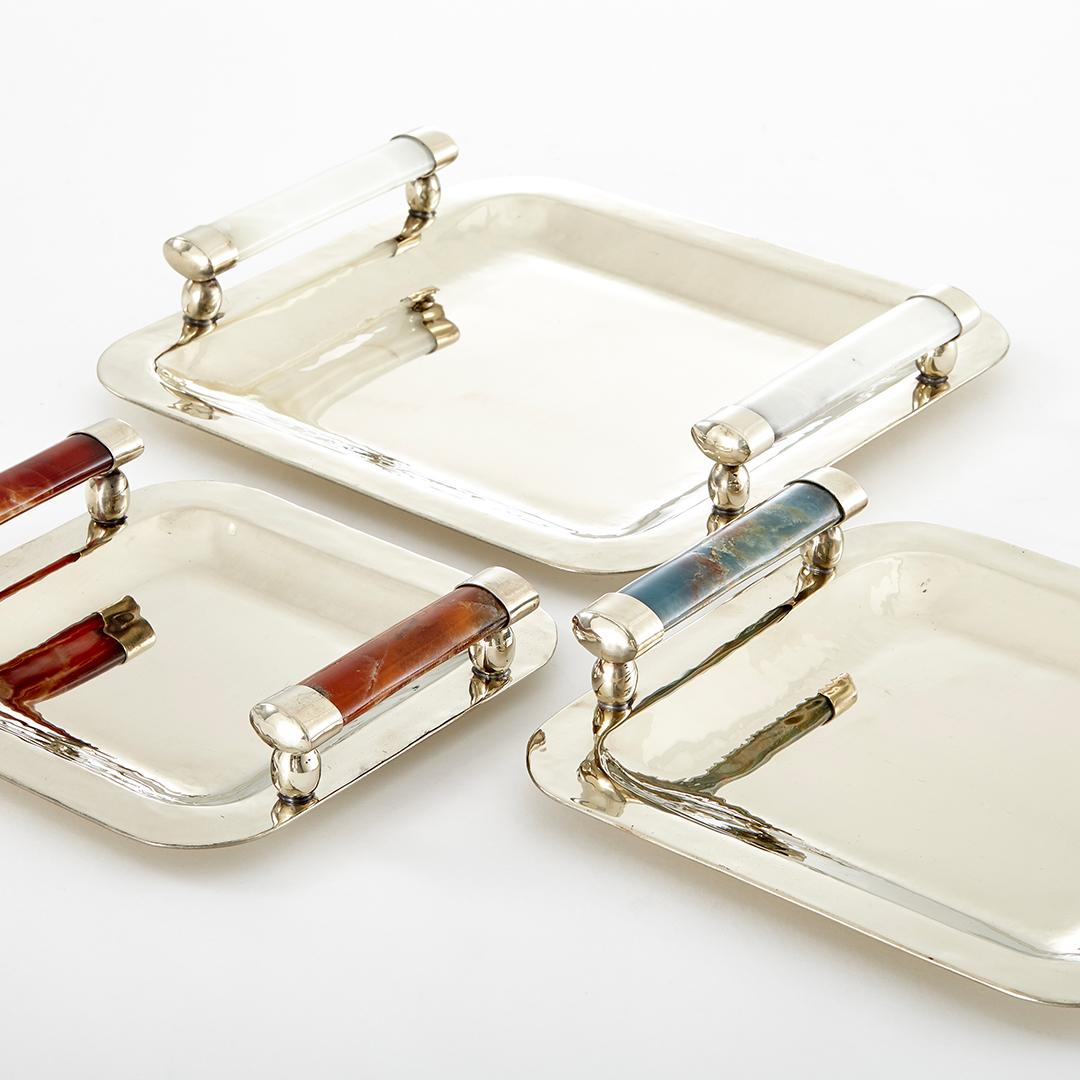 Hand-Crafted Valle Mini Large Silver Alpaca & Cream Onyx Stone Tray For Sale