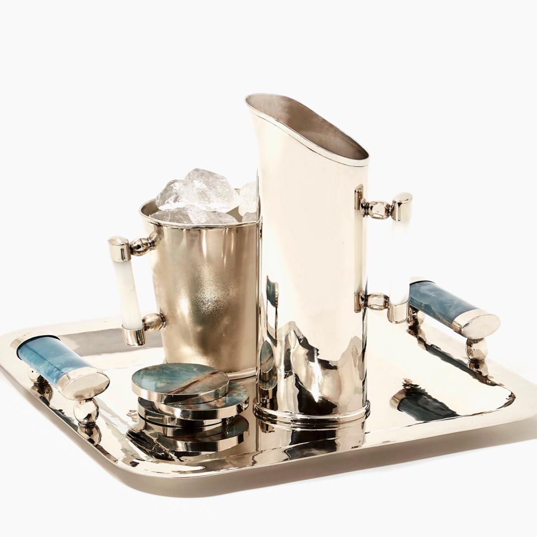 Argentine Valle Small Ice Bucket Silver Alpaca & Cream Onyx Stone For Sale