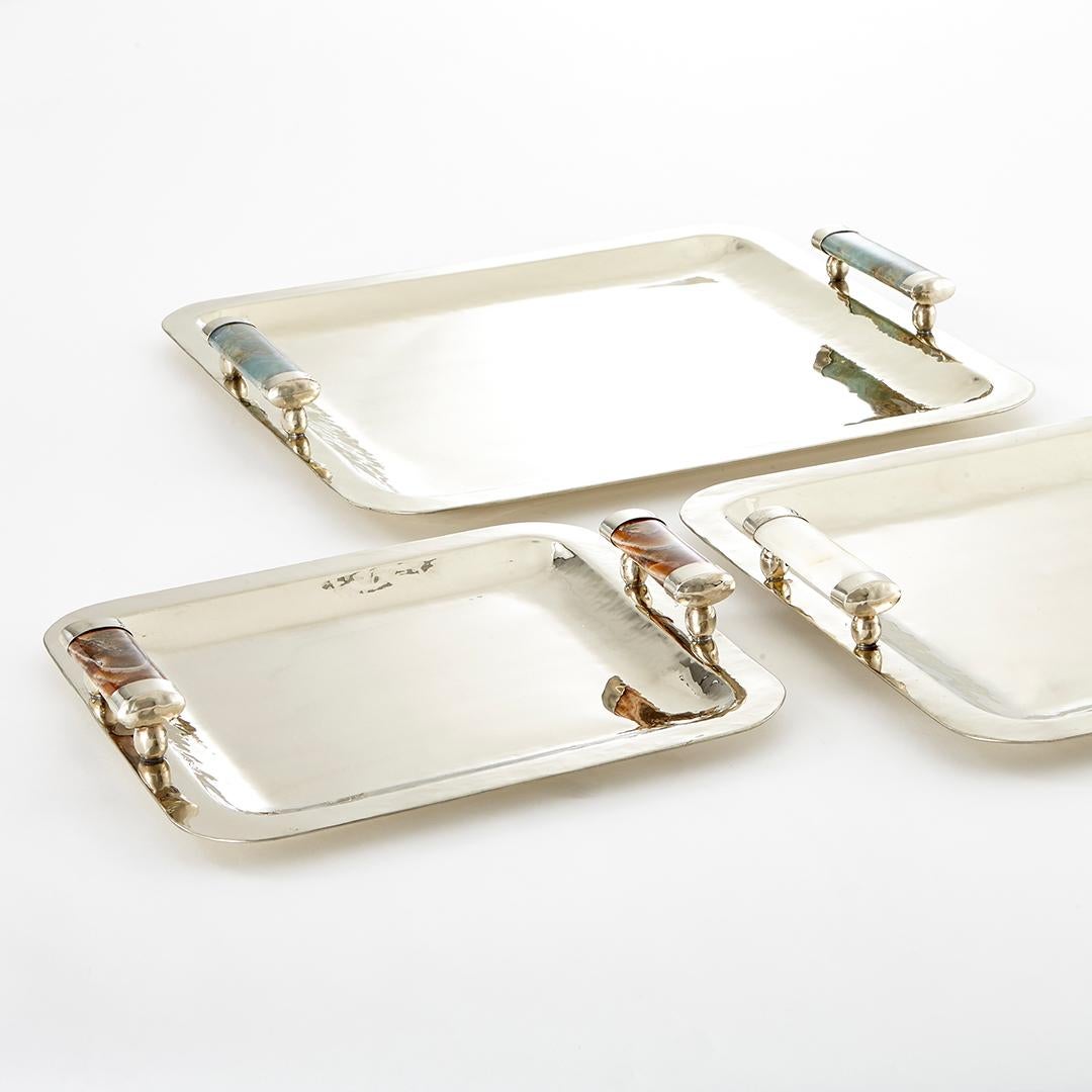 Modern Valle Square Small Silver Alpaca & Brown Onyx Stone Bar Tray For Sale