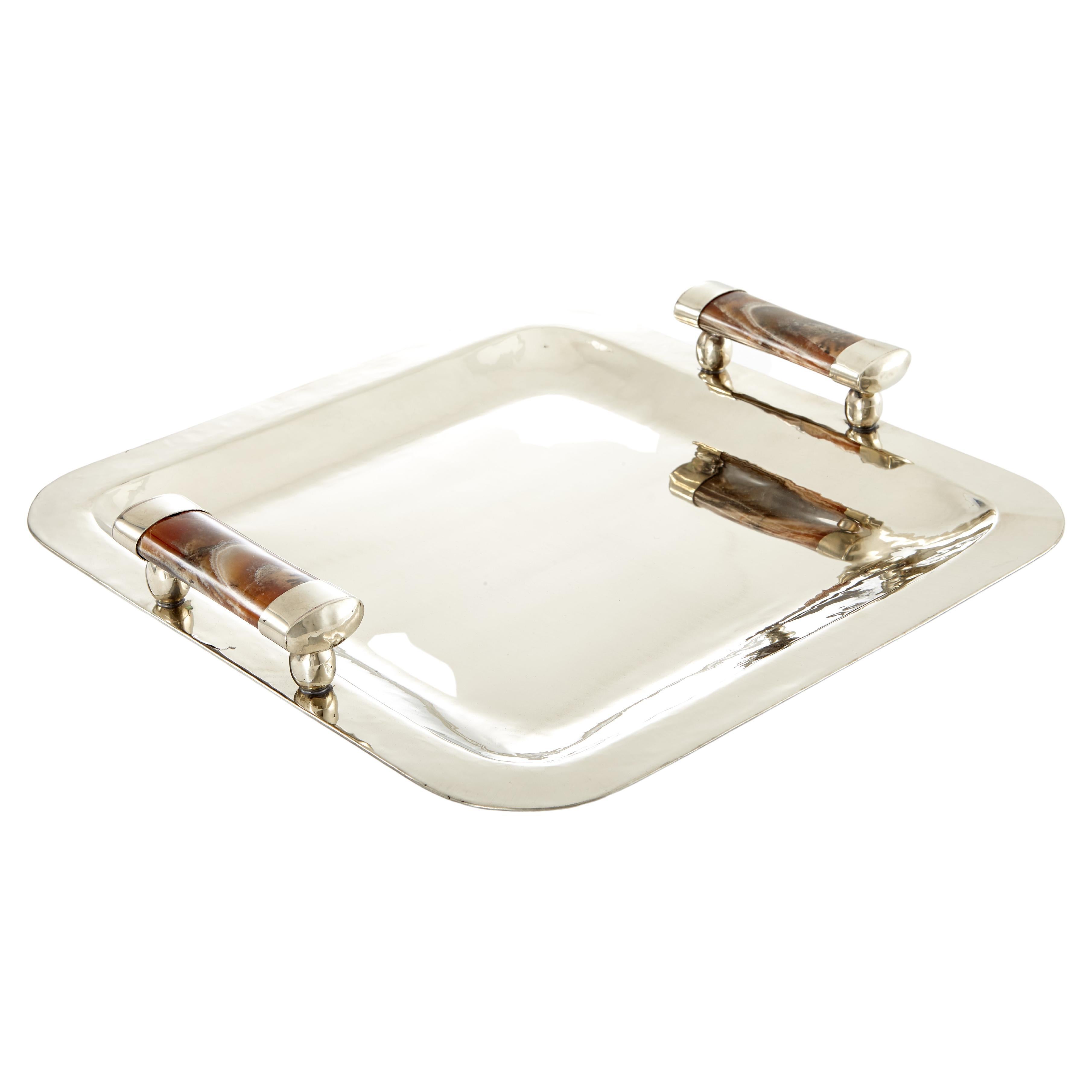 Valle Square Small Silver Alpaca & Brown Onyx Stone Bar Tray For Sale