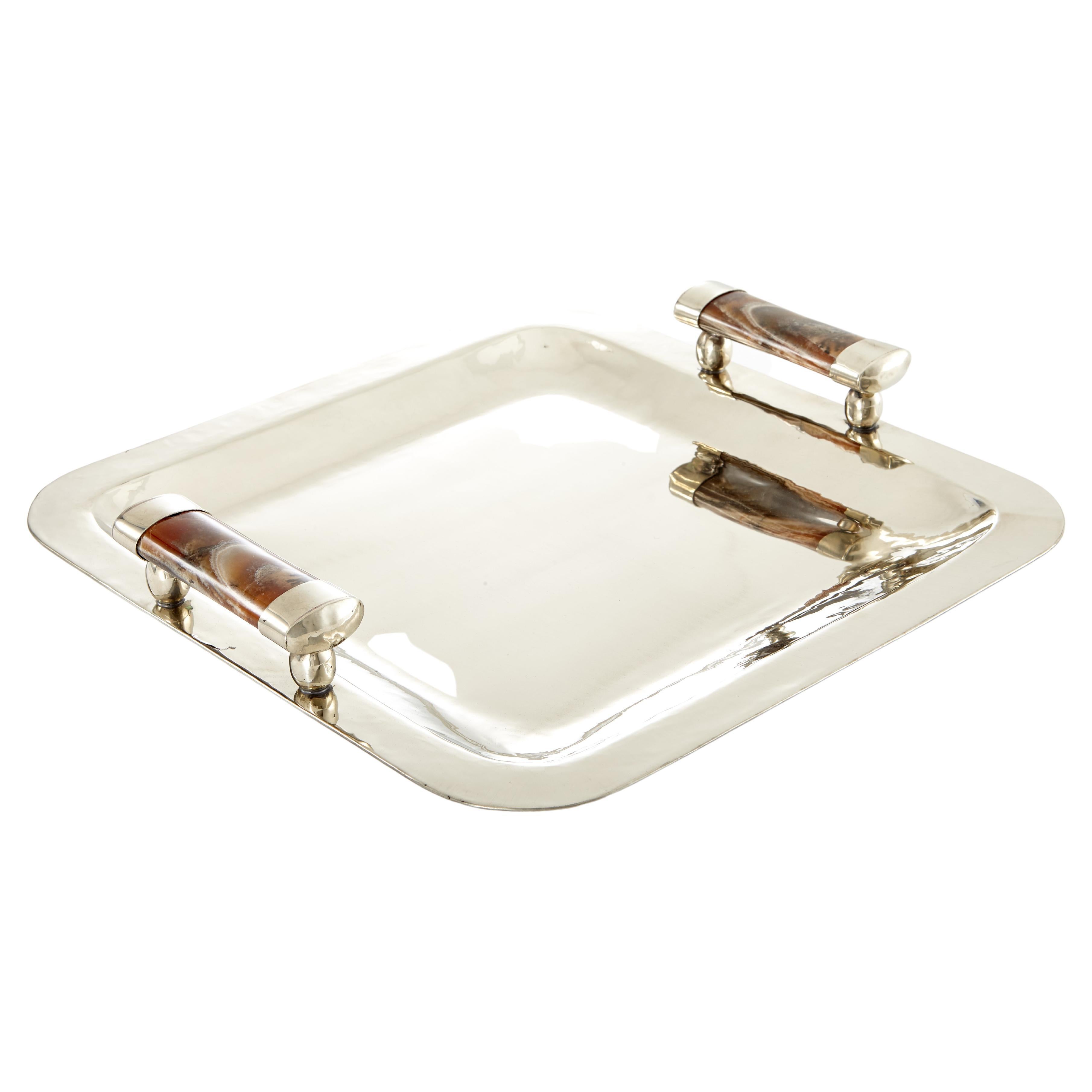 Vassoio da bar Valle Square Small Silver Alpaca & Brown Onyx Stone
