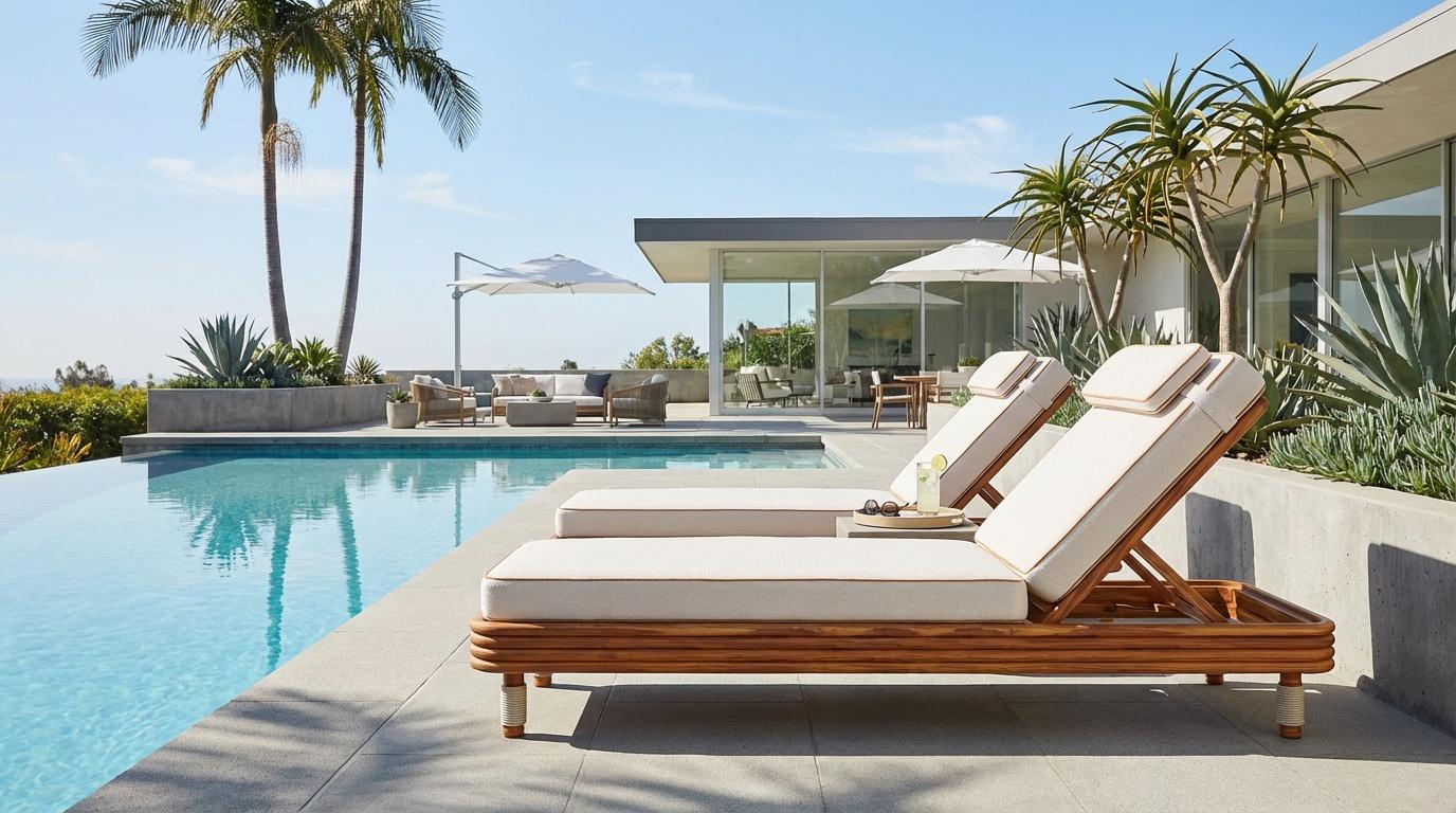 Tumbona de exterior Valletta de madera de iroko con cojines ribeteados en venta 1