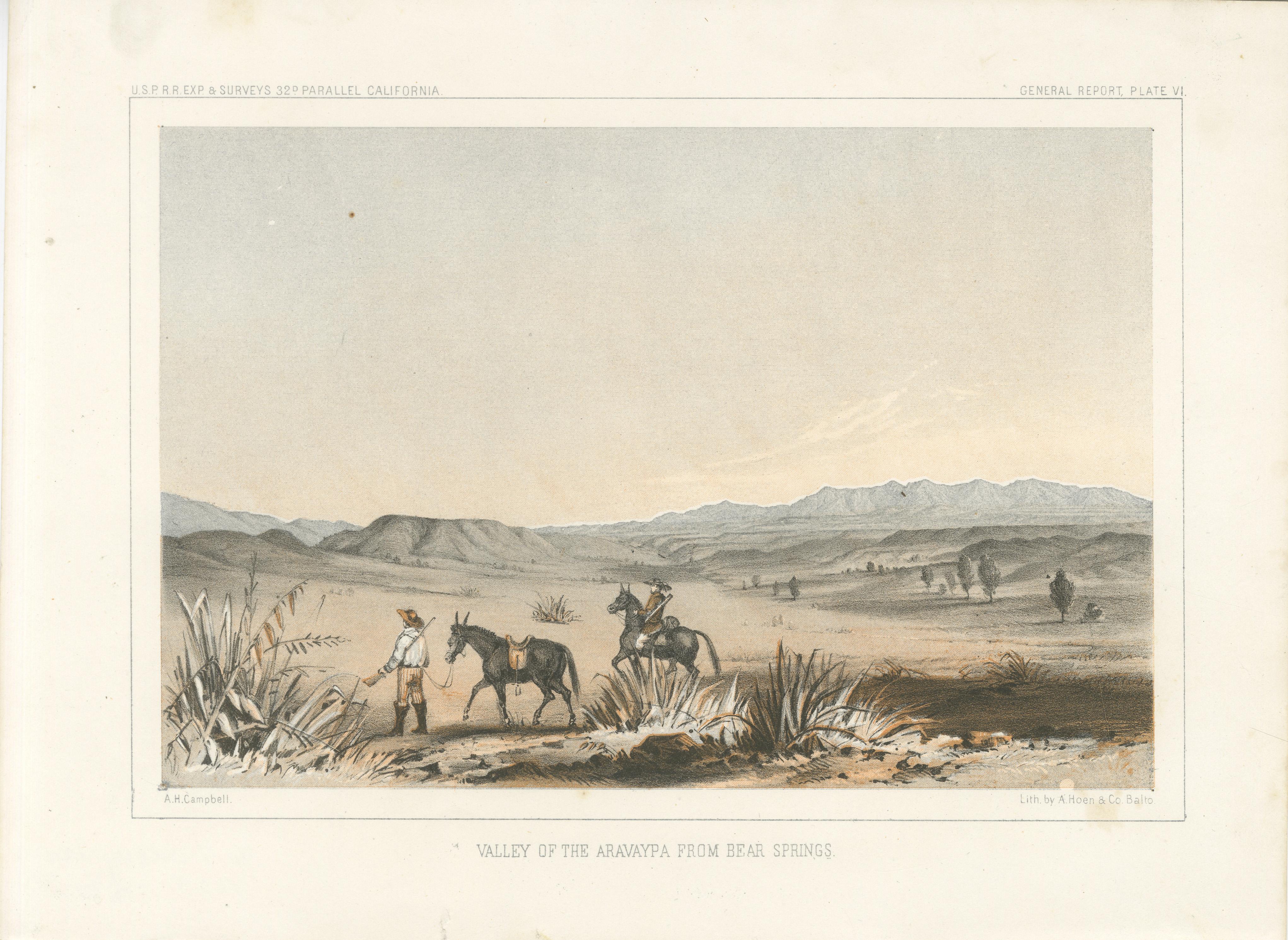 Title: Valley of the Aravaipa from Bear Springs – Evocative Frontier Landscape  

Description:  This stunning lithograph captures the vast and rugged beauty of the Valley of the Aravaipa as seen from Bear Springs. A scene of natural serenity and